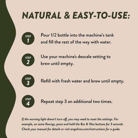 Angelino's Coffee Descaler packaging highlights universal compatibility across many brewers.