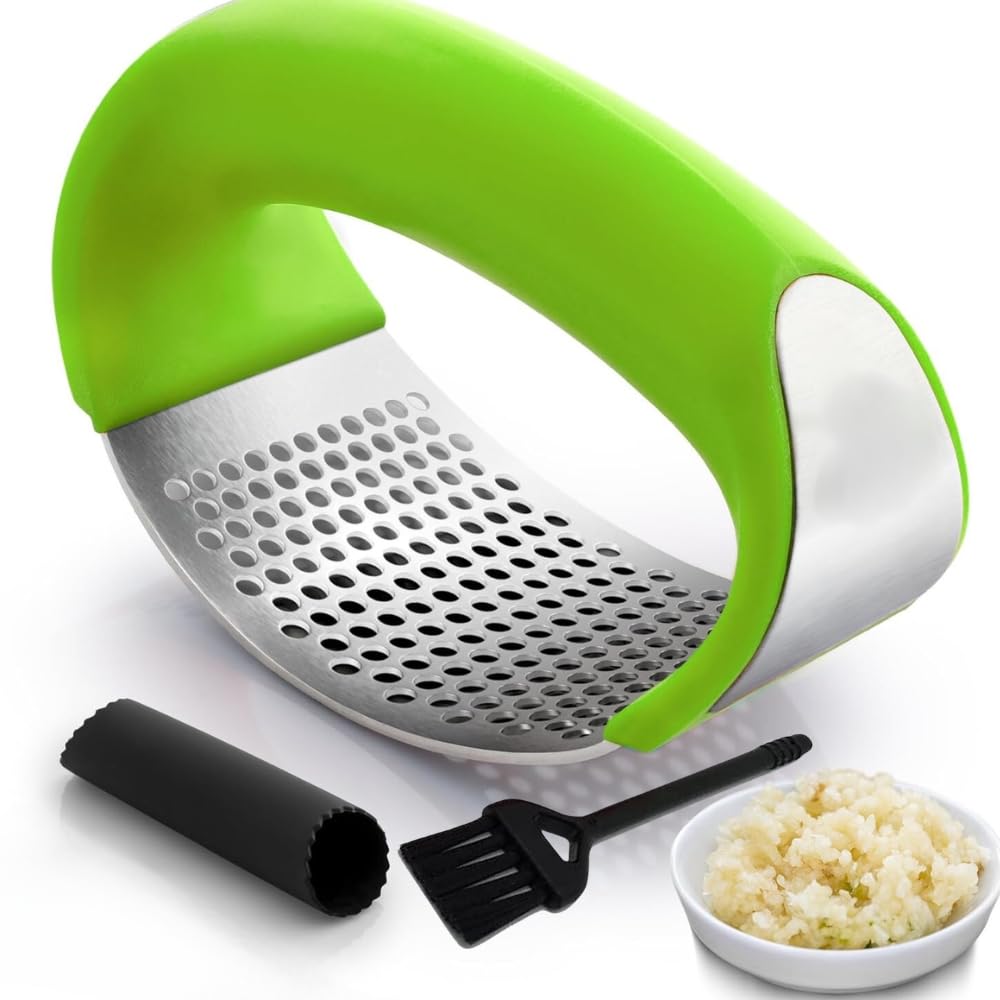 Angel's Peel Lounge garlic press rocker with ergonomic handle for effortless crushing