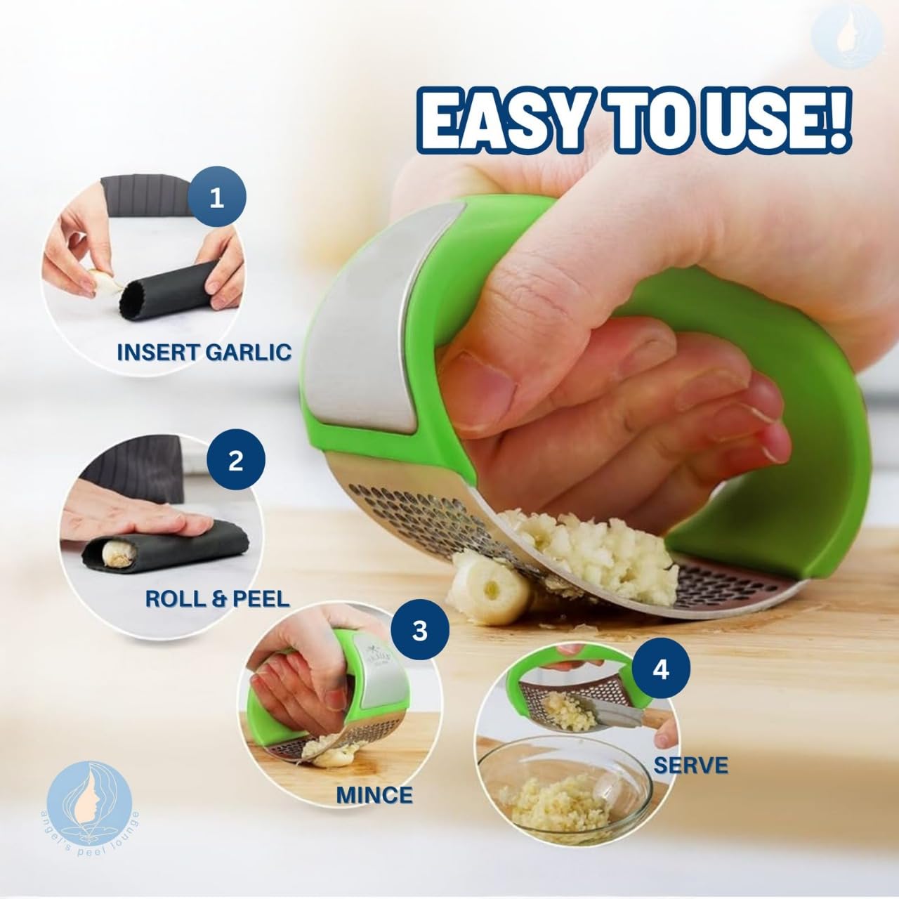Angel's Peel Lounge silicone garlic peeler in action for fast, mess-free skin removal