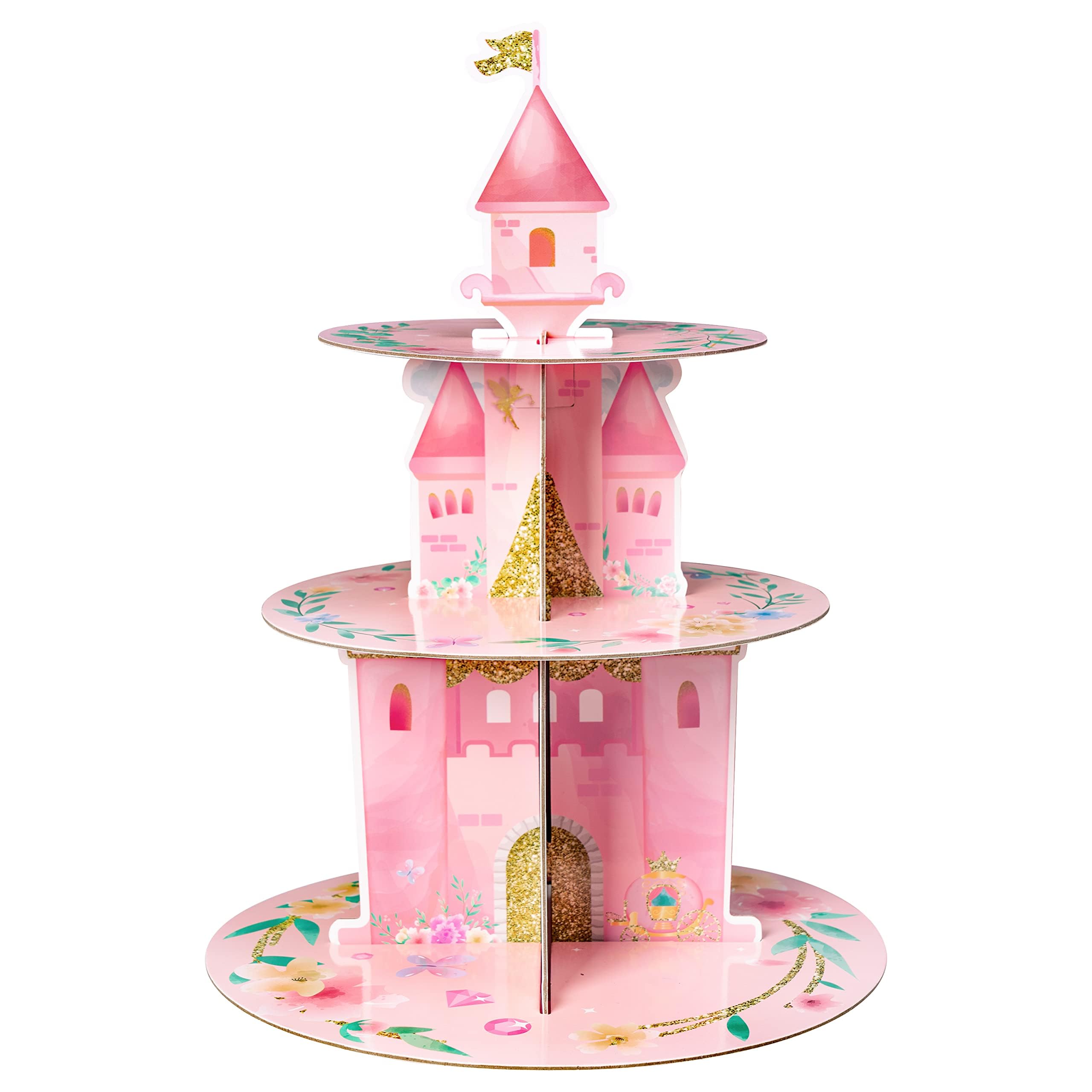 ANGOLIO 3 tier watercolor princess cupcake stand with pink castle design, ideal as a party centerpiece.