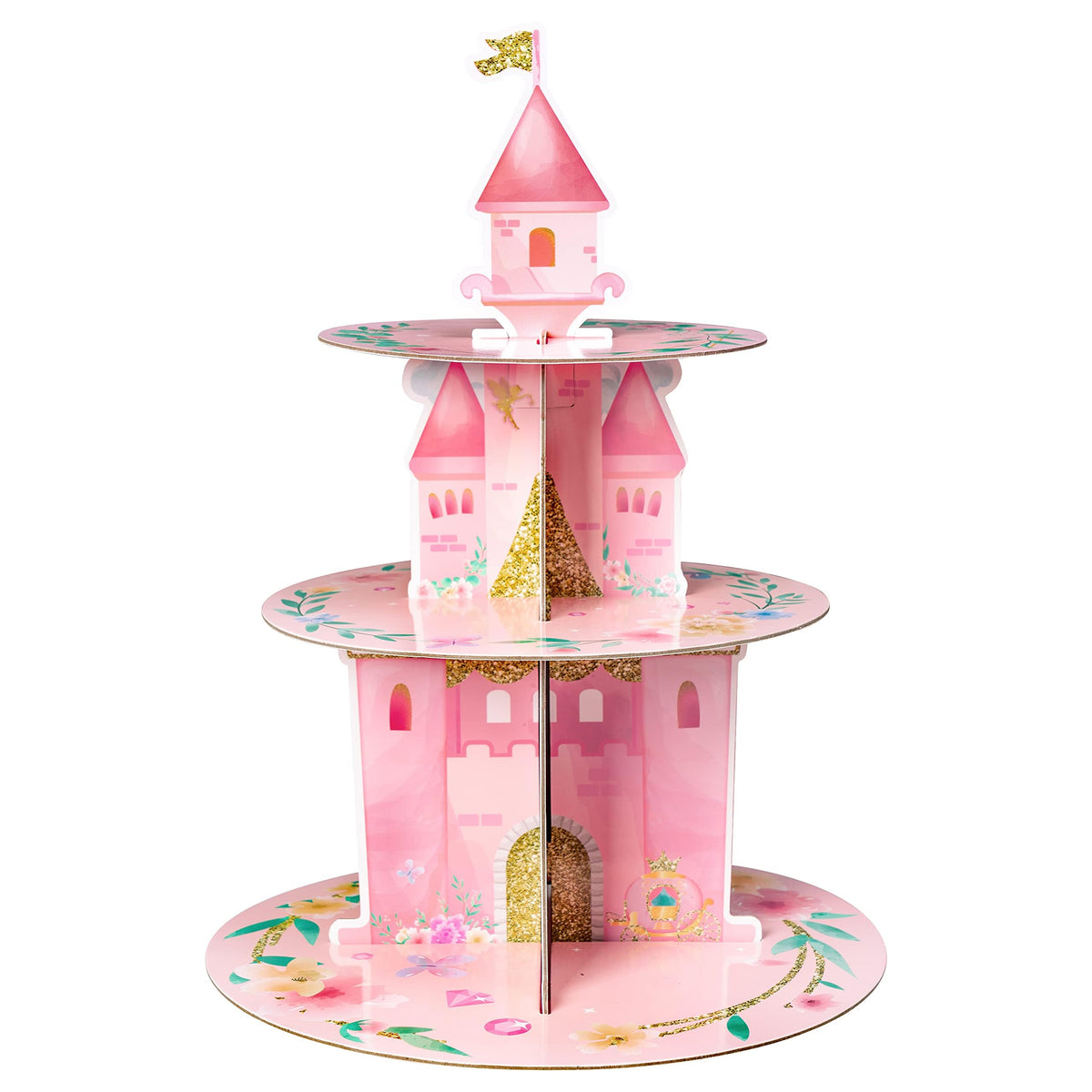ANGOLIO 3 tier watercolor princess cupcake stand with pink castle design, ideal as a party centerpiece.