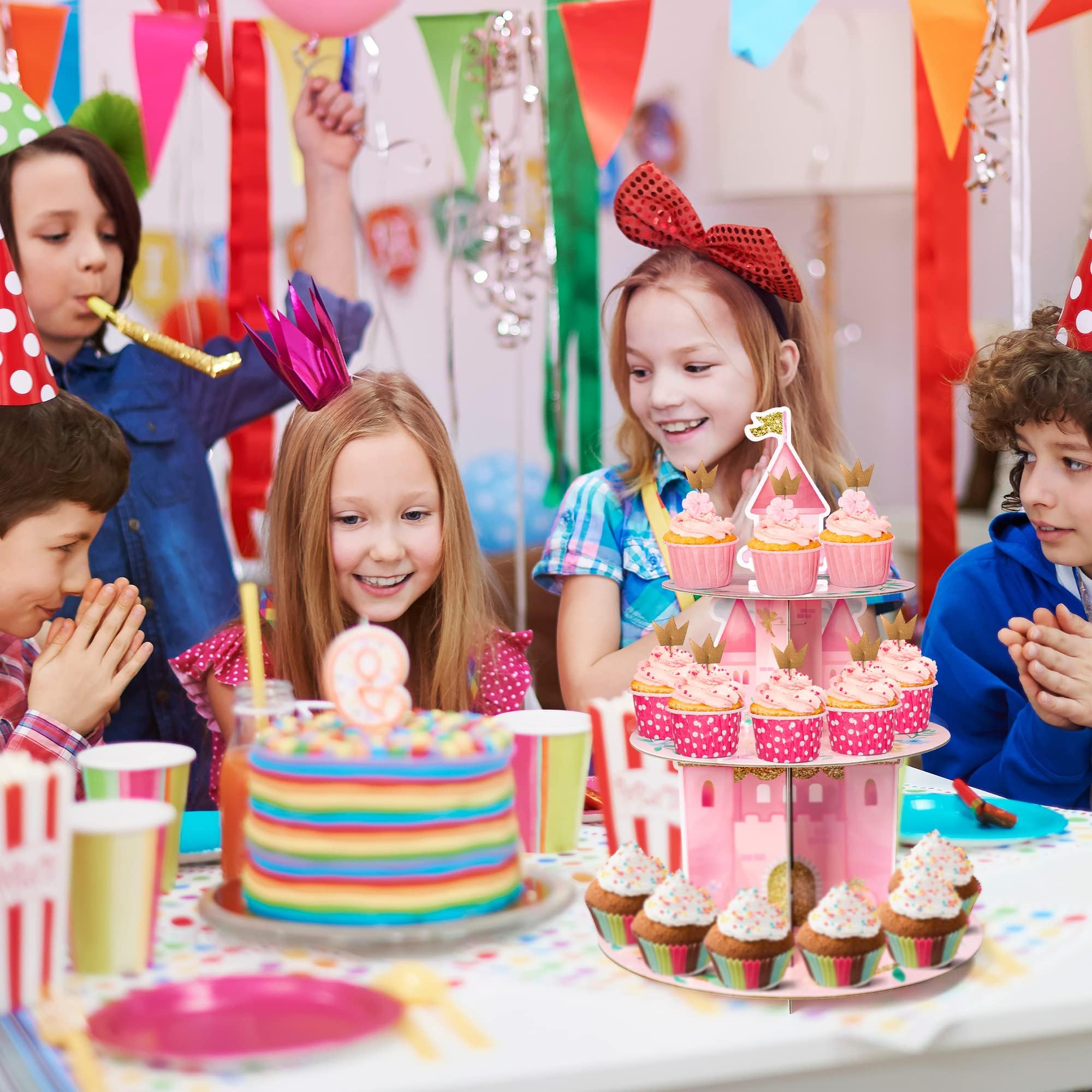 ANGOLIO pink castle cupcake display perfect for birthdays and baby showers.
