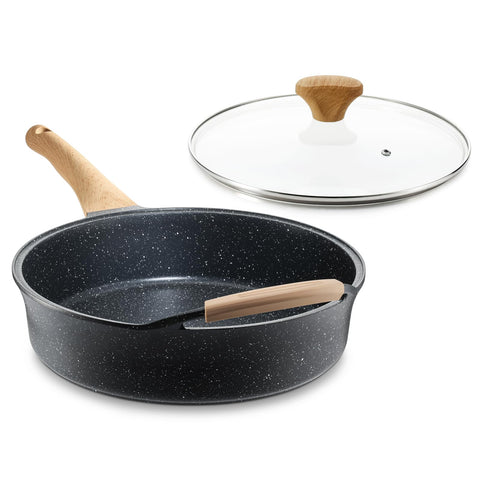 AnimoZest deep nonstick pan with lid on showing easy release for mess-free cooking