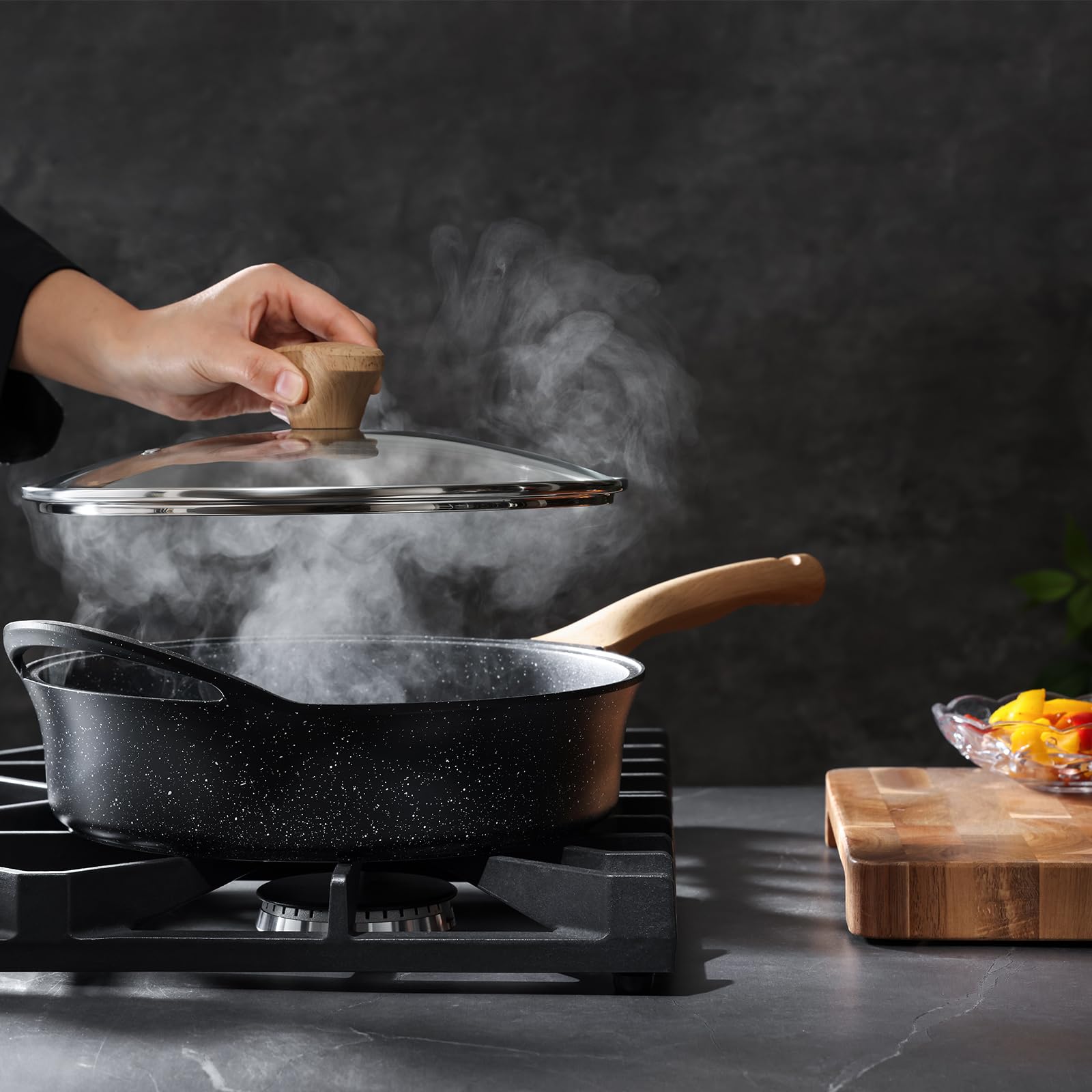 AnimoZest nonstick pan cleaning ease shows easy wipe-down after cooking