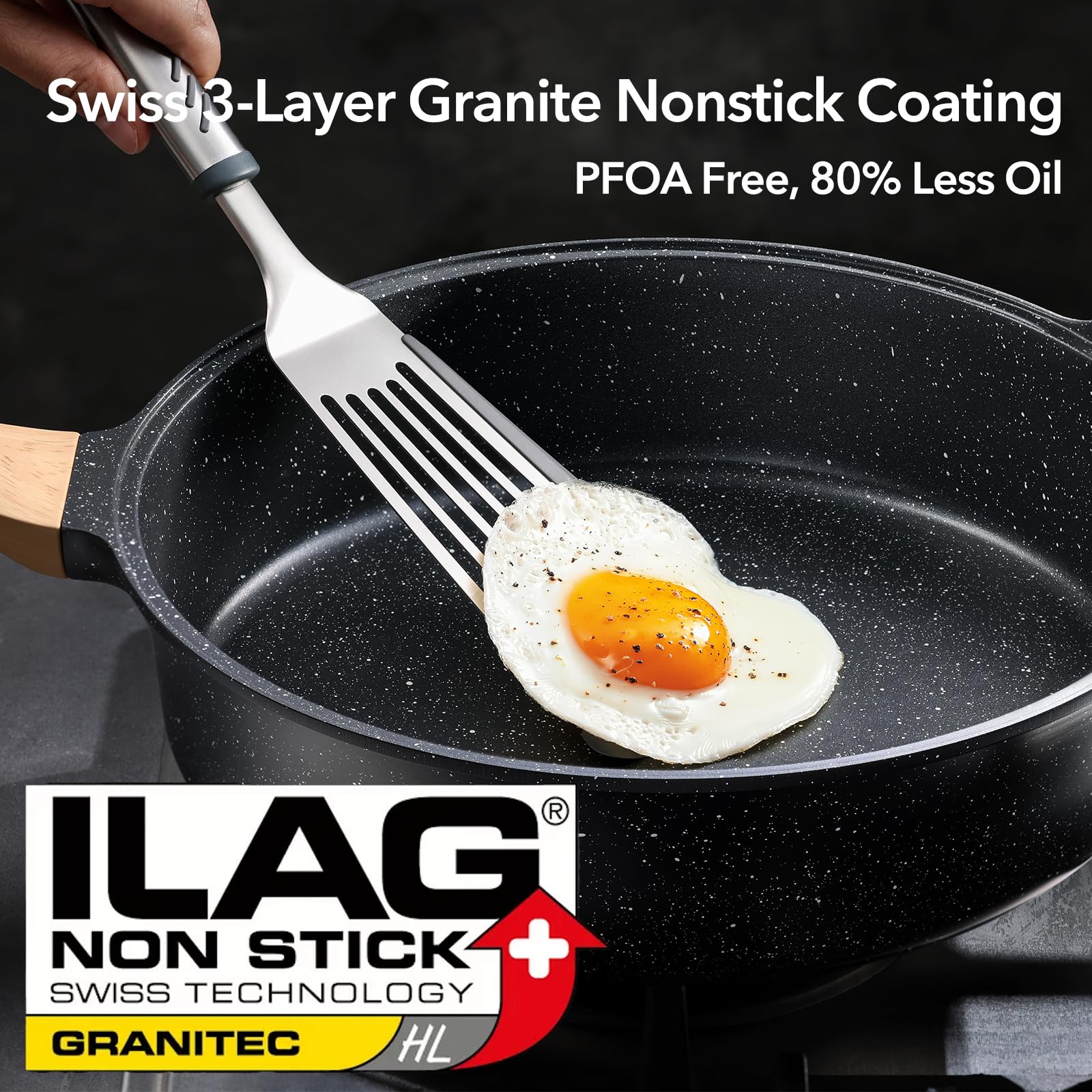 AnimoZest Swiss granite coating close-up highlights nonstick performance with less oil