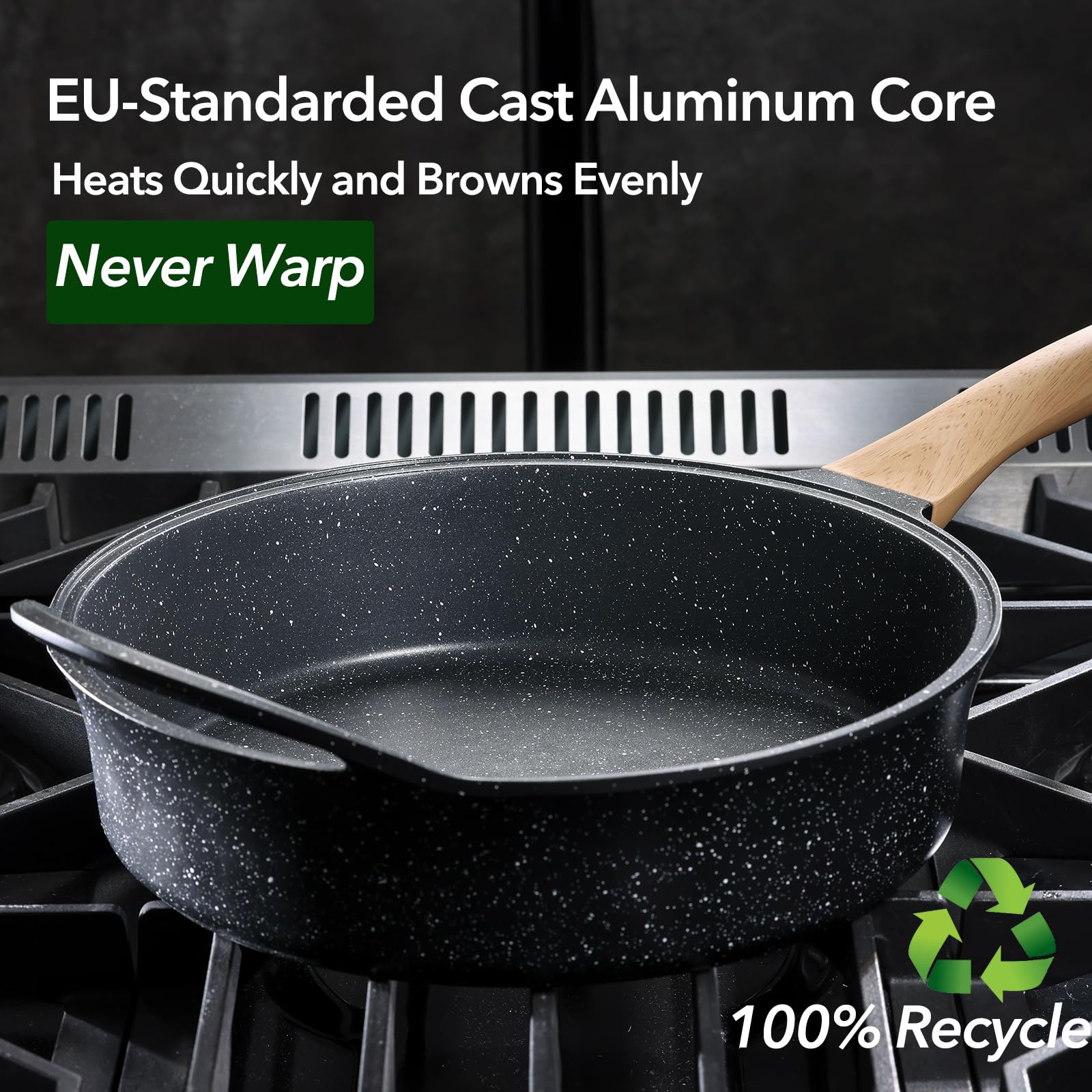 AnimoZest woodgrain handle close-up demonstrates cool grip during sauteing