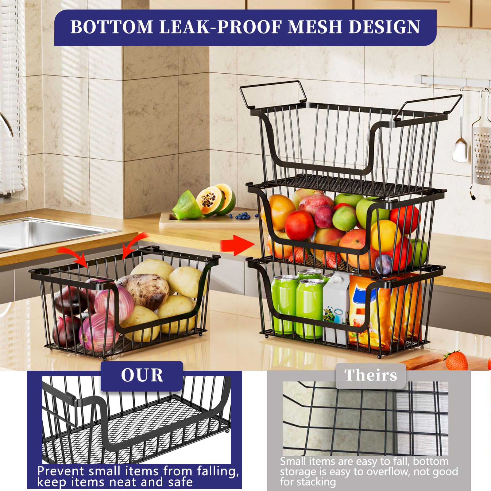 ANJUBAN stackable basket side view highlighting sturdy construction for pantry use.