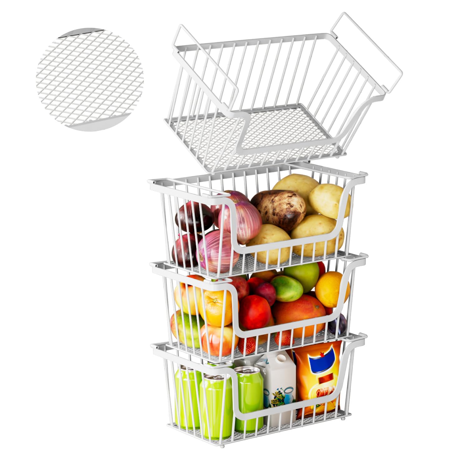ANJUBAN 4-pack stackable baskets front view, easy-access pantry storage.