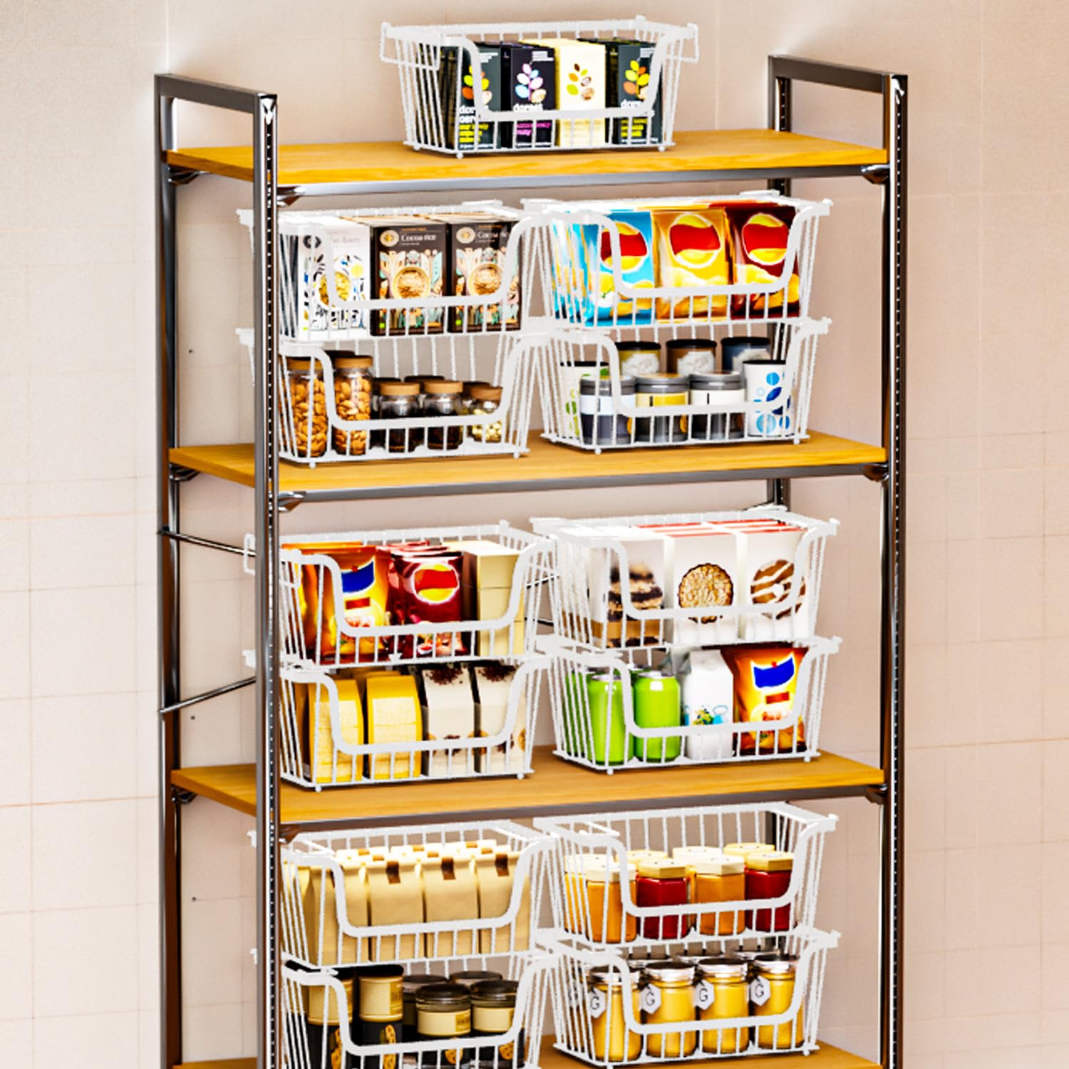 ANJUBAN 4-pack potato and onion storage solution on kitchen shelf.