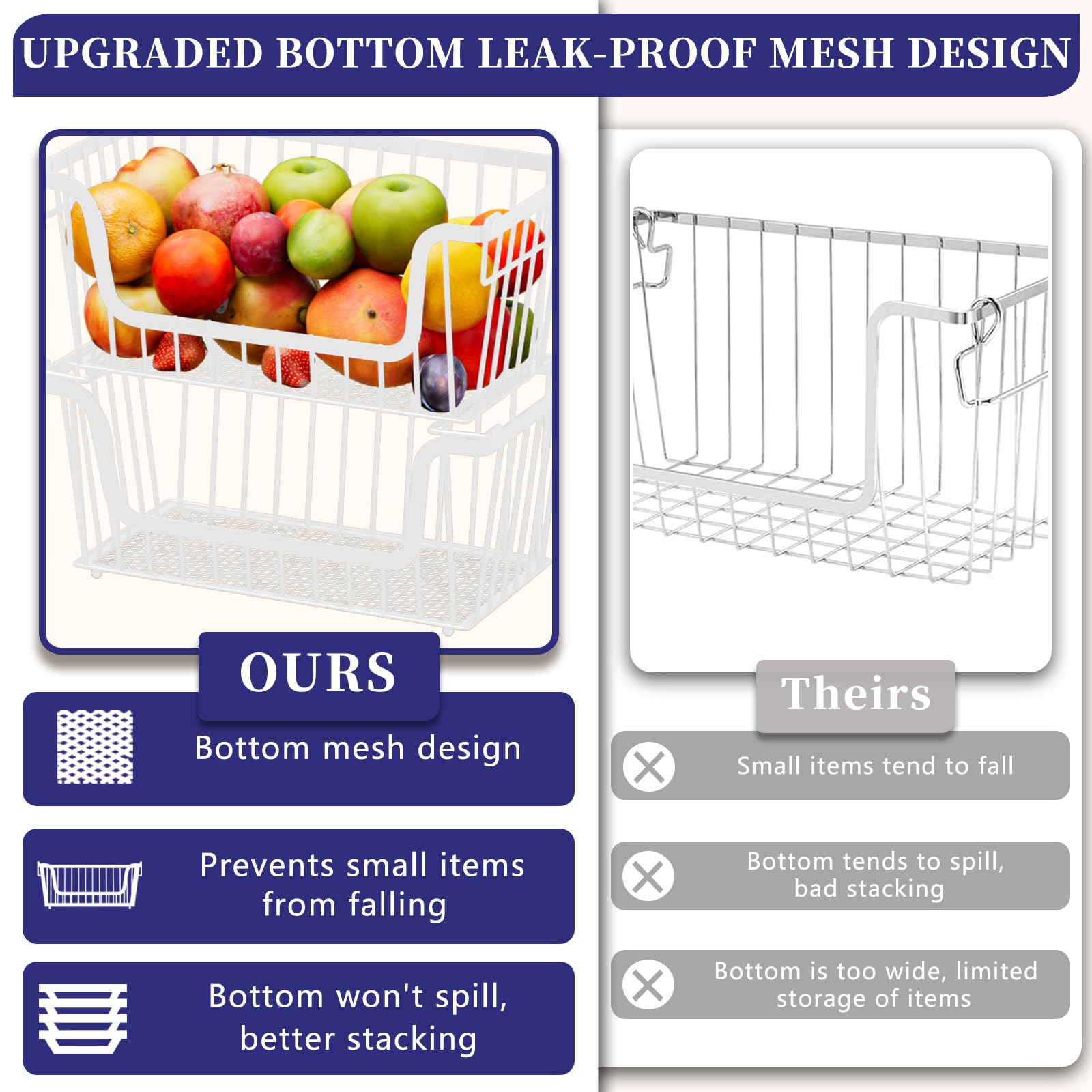 ANJUBAN 4-pack stackable baskets U-shaped opening for easy access.