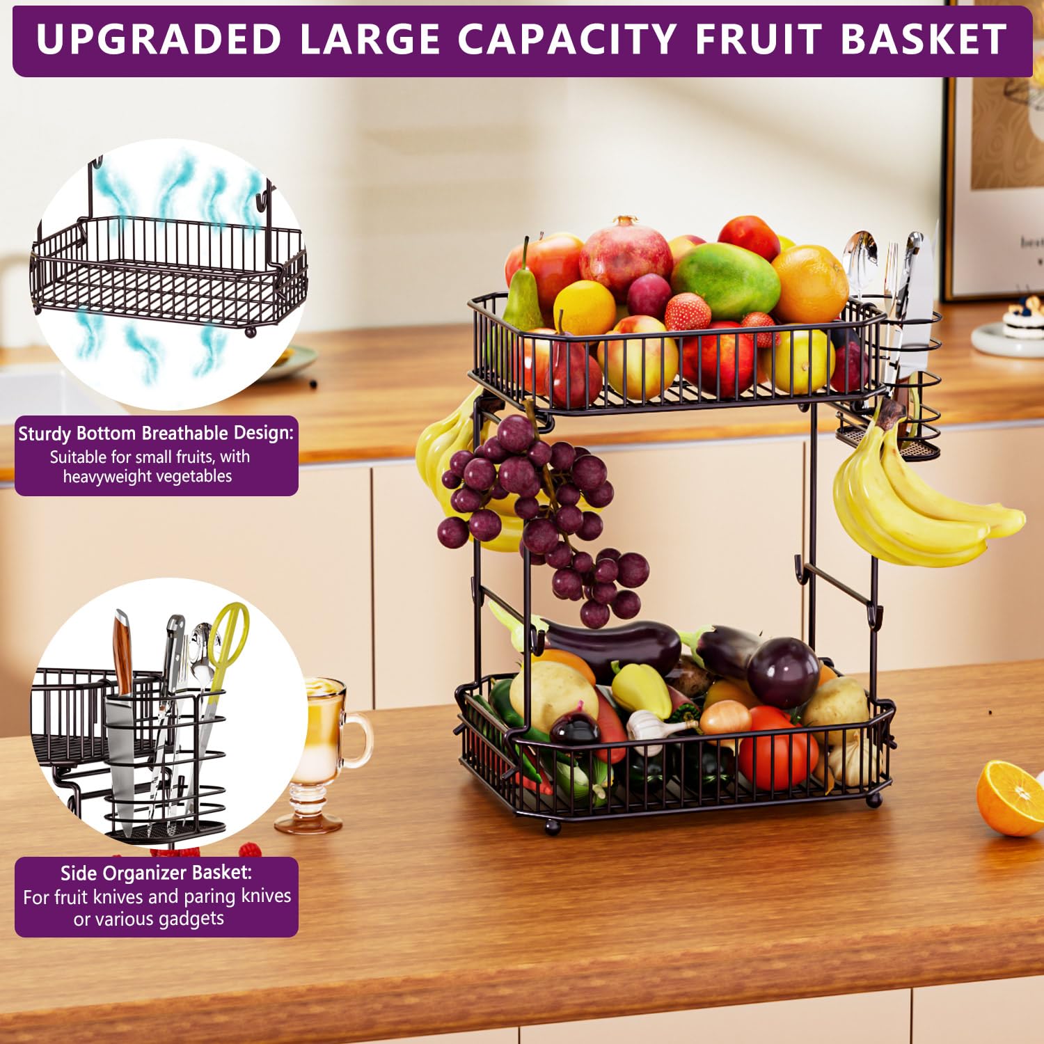ANJUBAN side storage basket attached to the fruit rack for utensils.