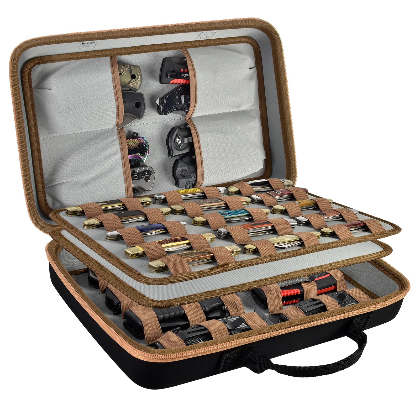 ANKHOH Knife Display Case showing 56-pocket capacity in brown finish for organized collection