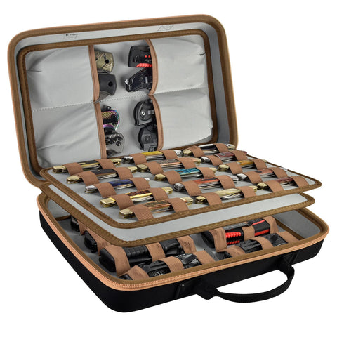 ANKHOH Knife Display Case showing 56-pocket capacity in brown finish for organized collection