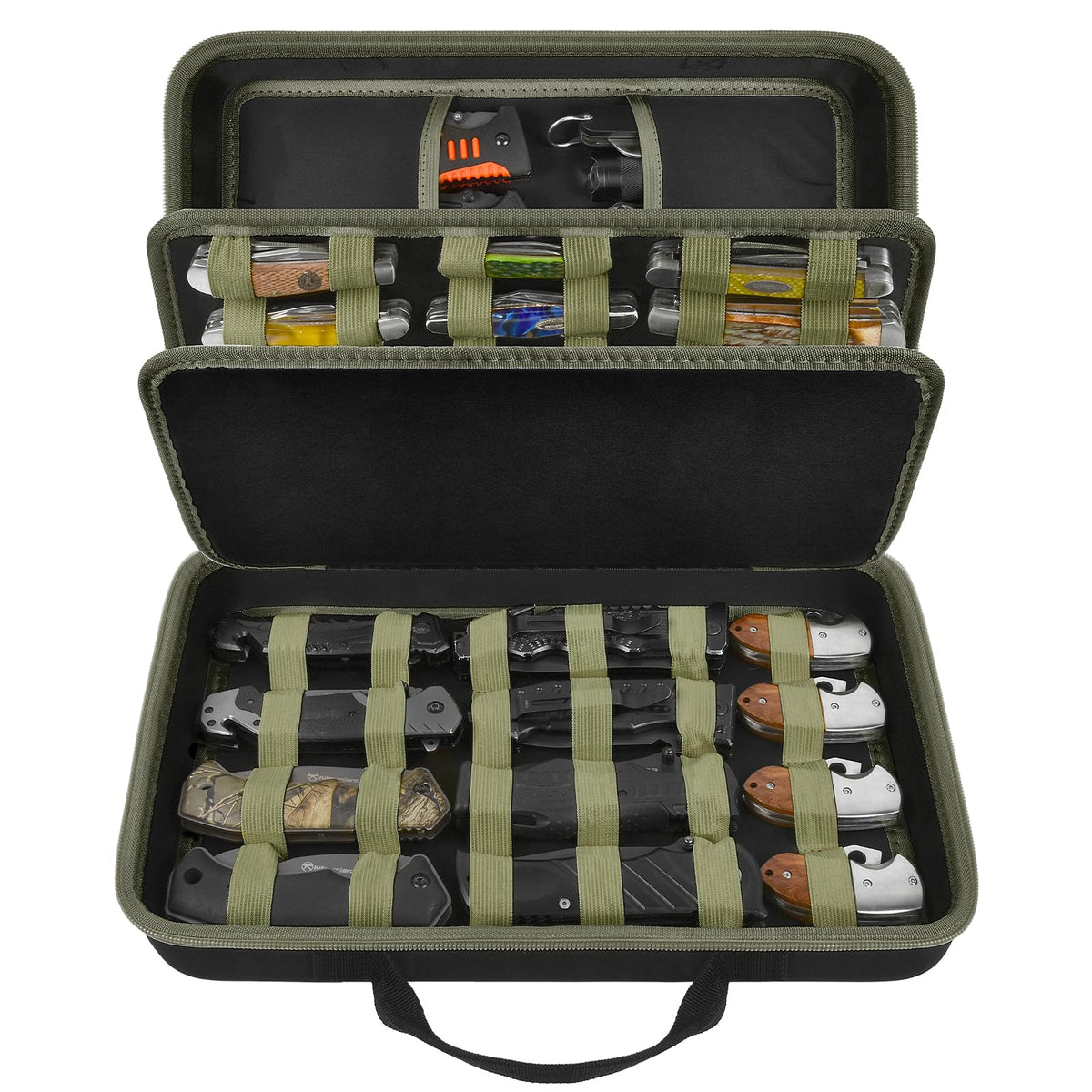 ANKHOH knife display case showcasing 56-pocket storage for organized collection.