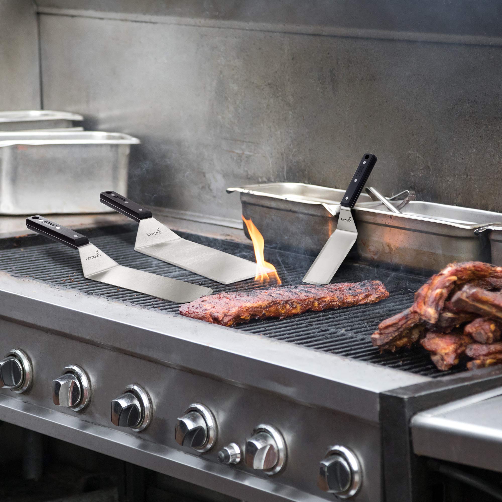 Anmarko spatula with beveled edge enables precise cutting on hot griddles.