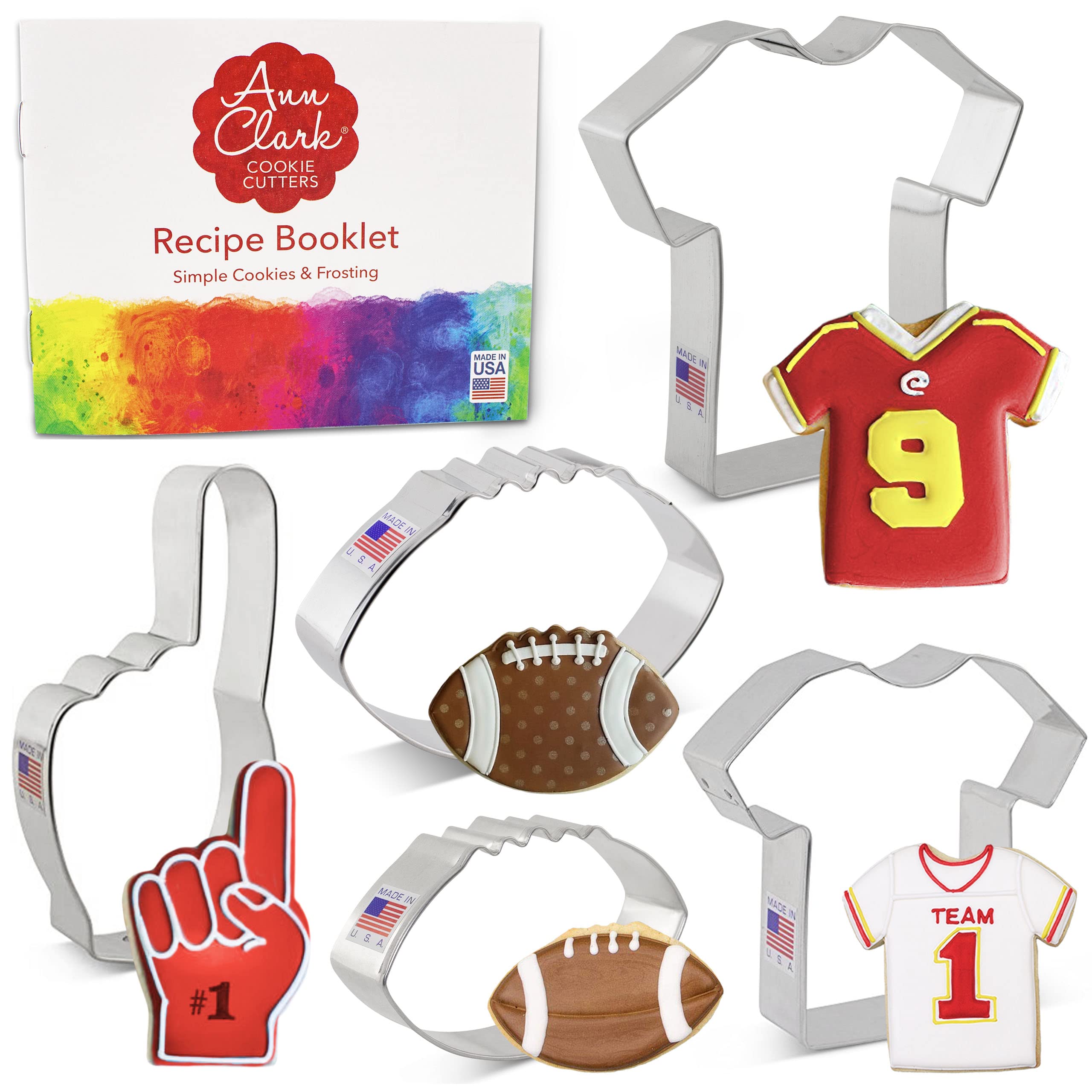 Ann Clark football cookie cutters 5-pc set laid out for party prep and game-day baking.