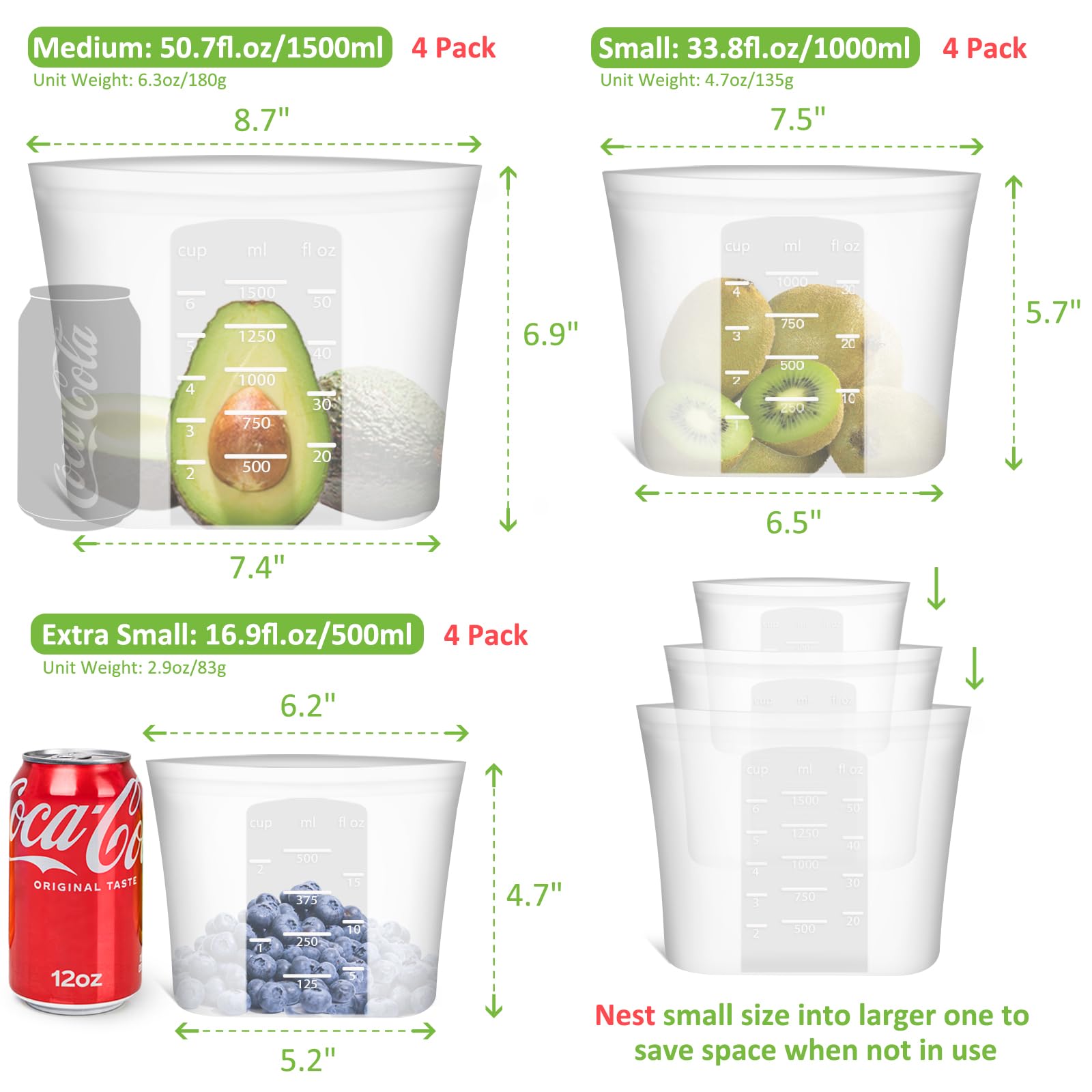 Annaklin silicone bag shows translucent body with volume marks for quick portioning.