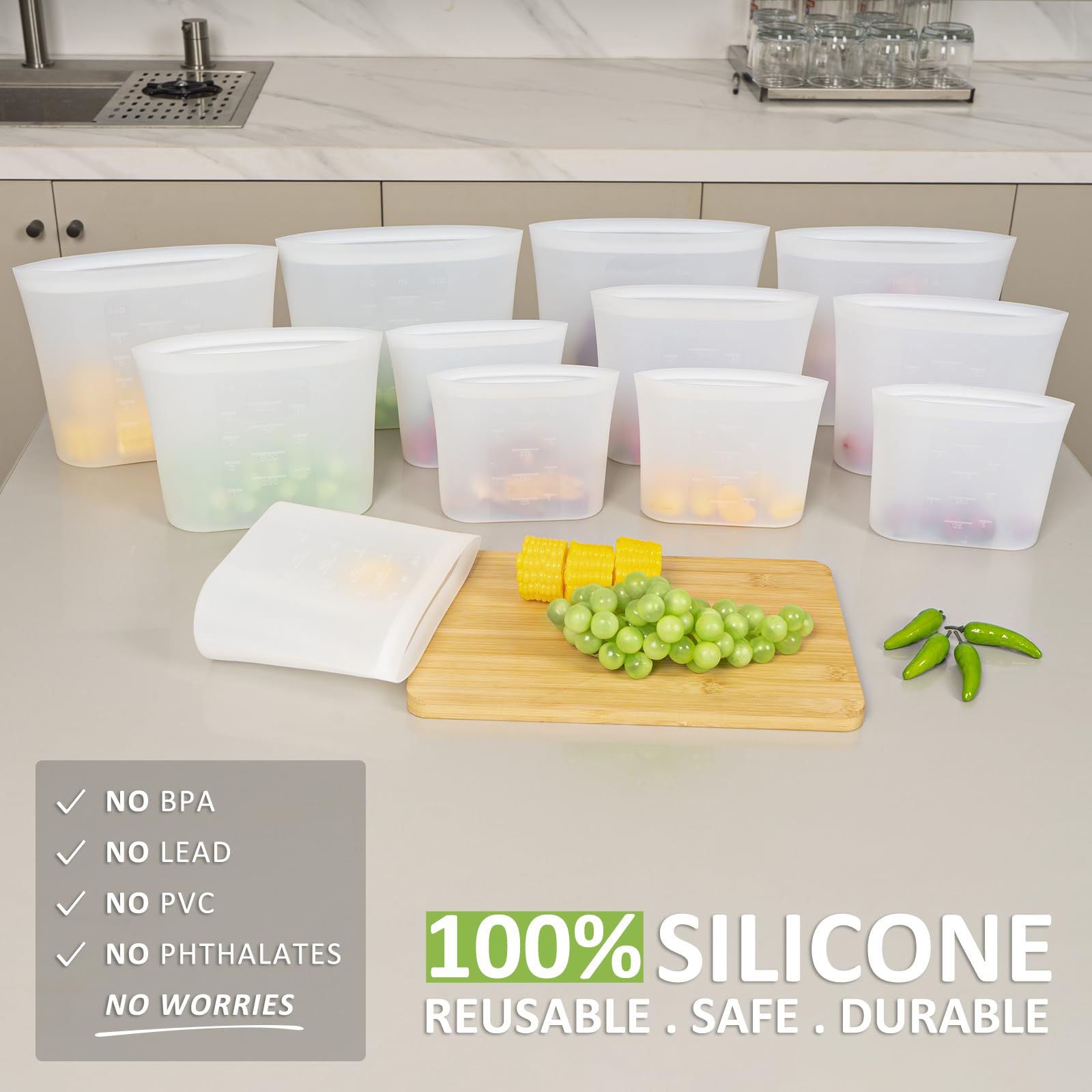 Annaklin silicone bag with zip-lock closure keeps contents sealed and fresh.