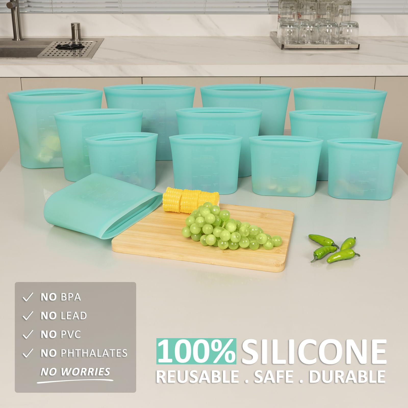 Annaklin aqua silicone bags closeup highlights durability and odor-free storage