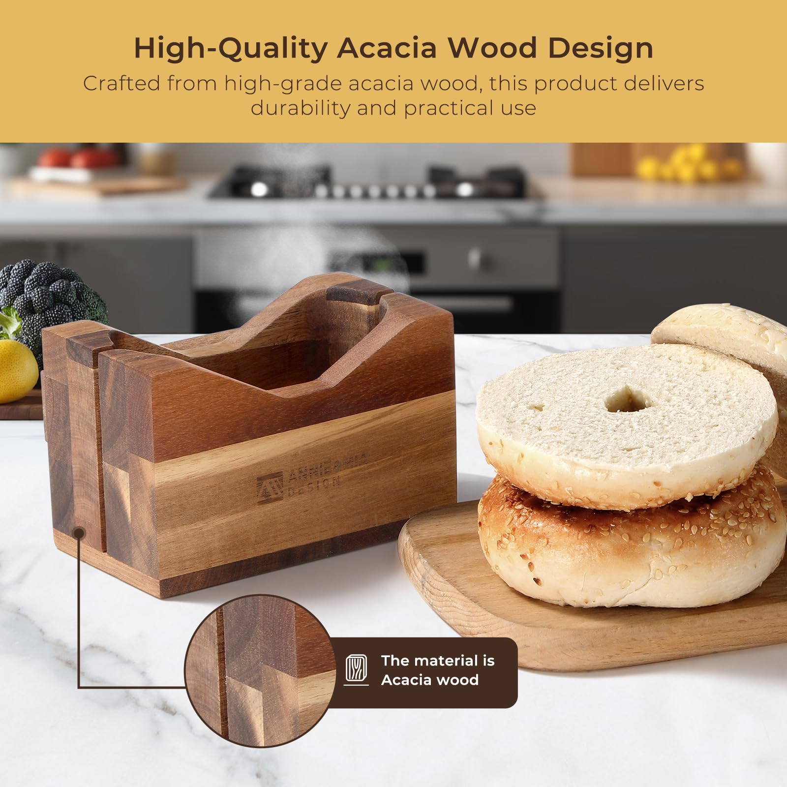 Premium acacia wood construction supports long-lasting performance in busy kitchens.