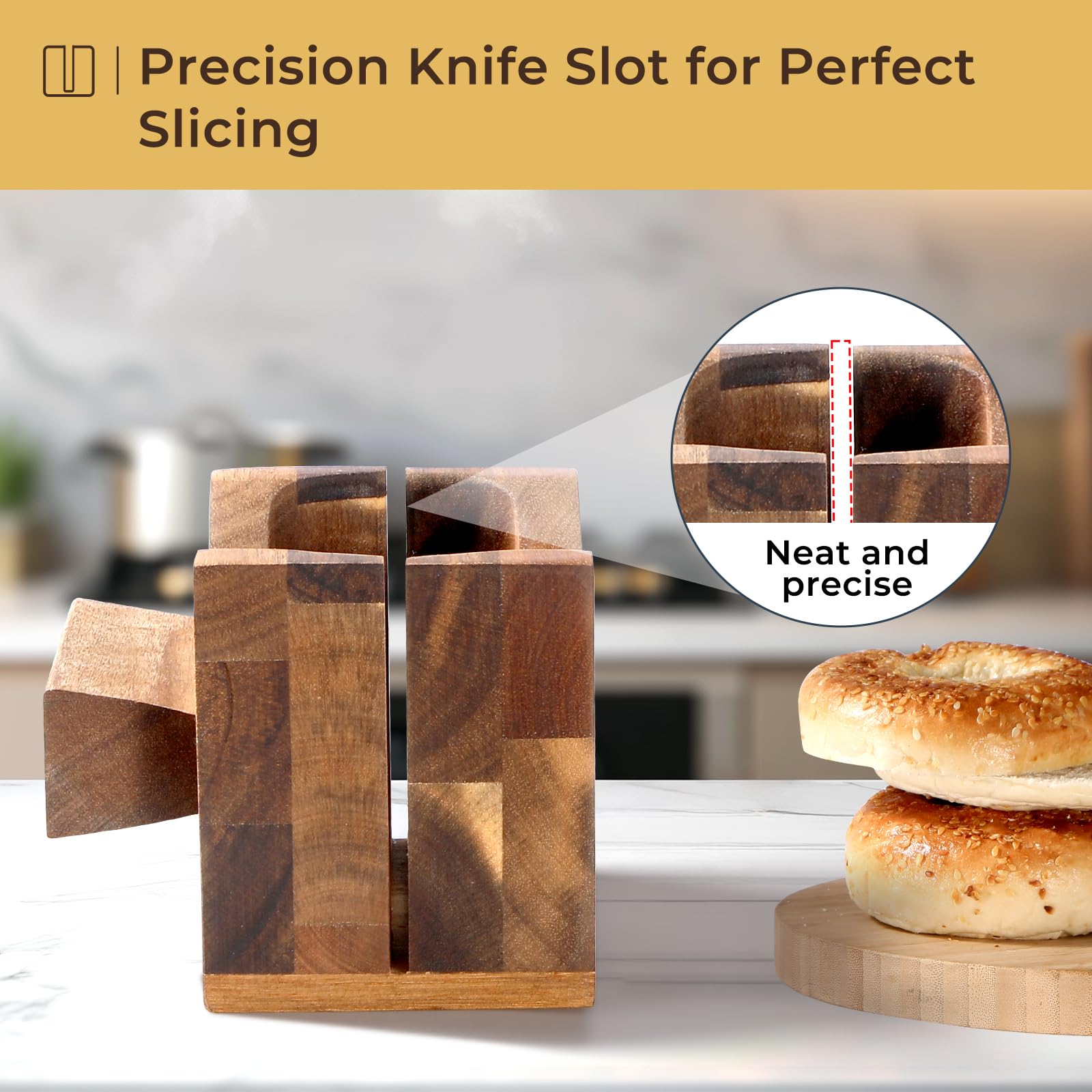 Guided slot keeps bagels steady for even, uniform cuts.