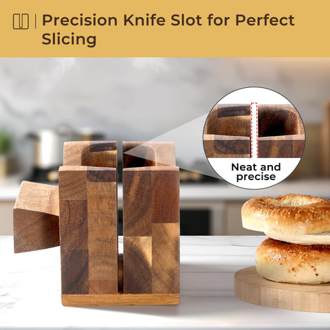 Guided slot keeps bagels steady for even, uniform cuts.