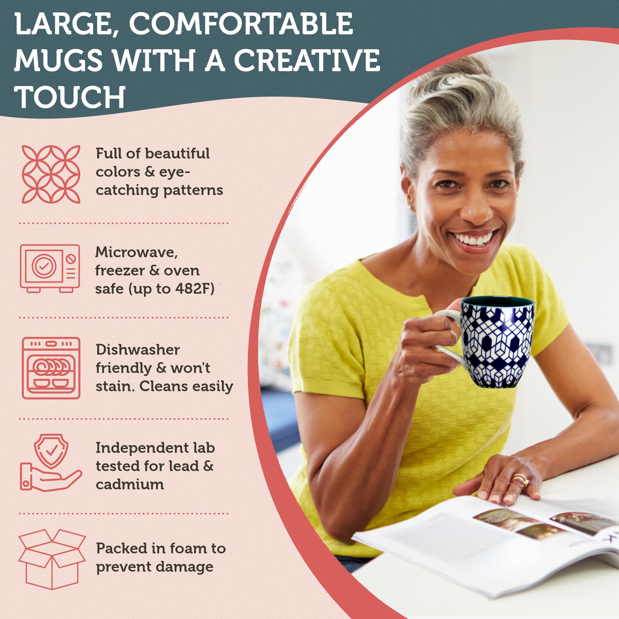 Annovero dishwasher-safe icon mugs, easy cleanup after meals.