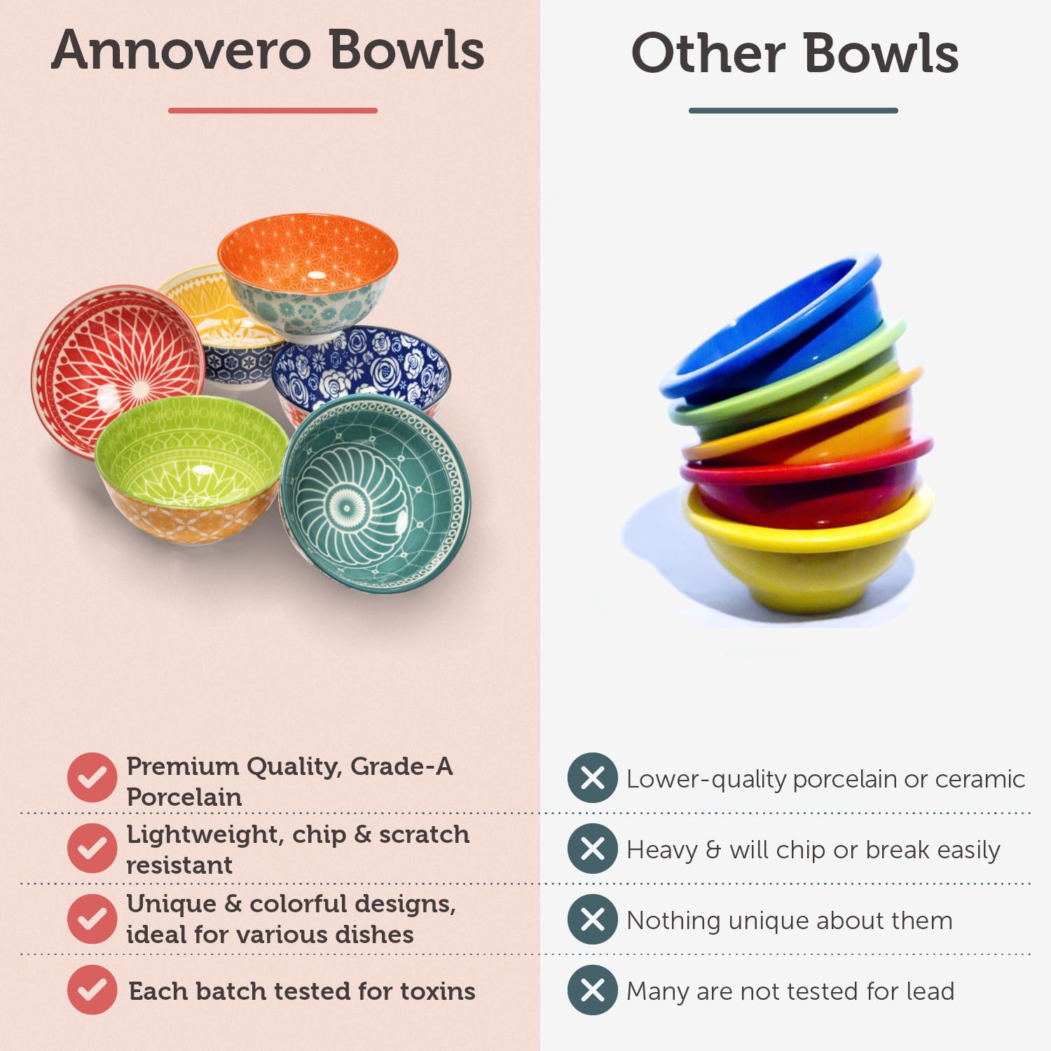 Annovero porcelain bowls; dishwasher safe for easy cleaning.