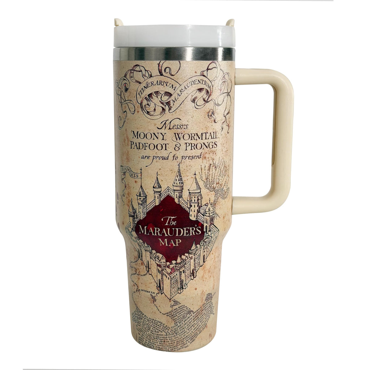 Annshein Wizard Map Tumbler front view highlights the 40 oz capacity for on-the-go hydration.