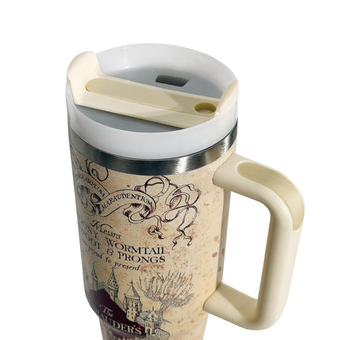 Annshein Wizard Map Tumbler in use showcases all-day hydration at work.