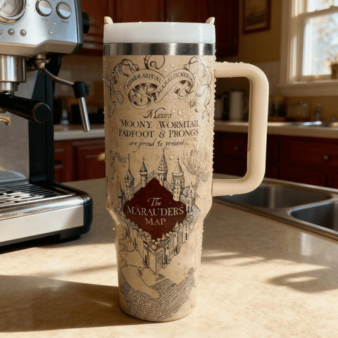 Annshein Wizard Map Tumbler lid and straw prevent leaks during travel.