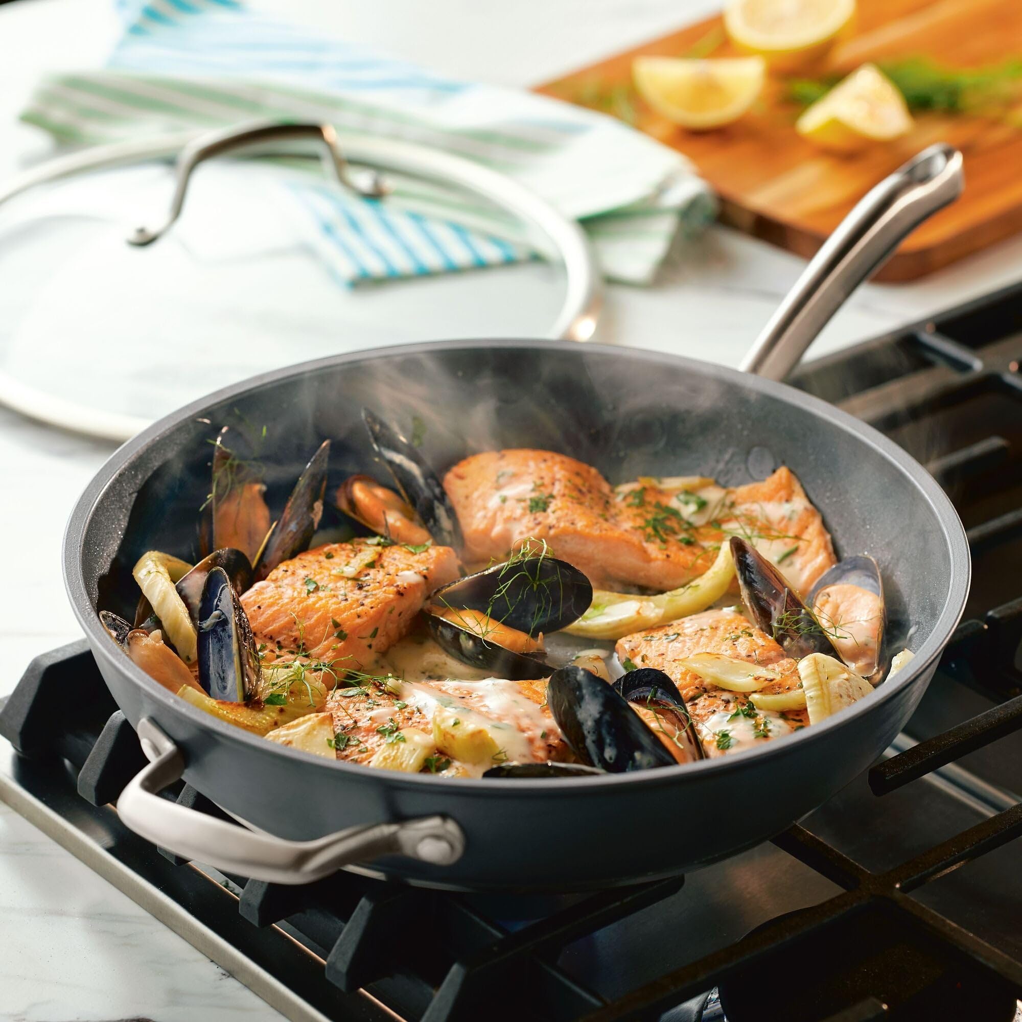 Anolon Accolade forged hard anodized cookware delivers even heat.