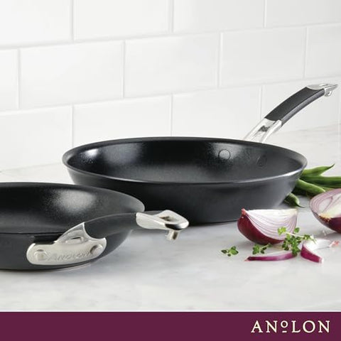Induction-ready Anolon SmartStack cookware for versatile stovetop use.