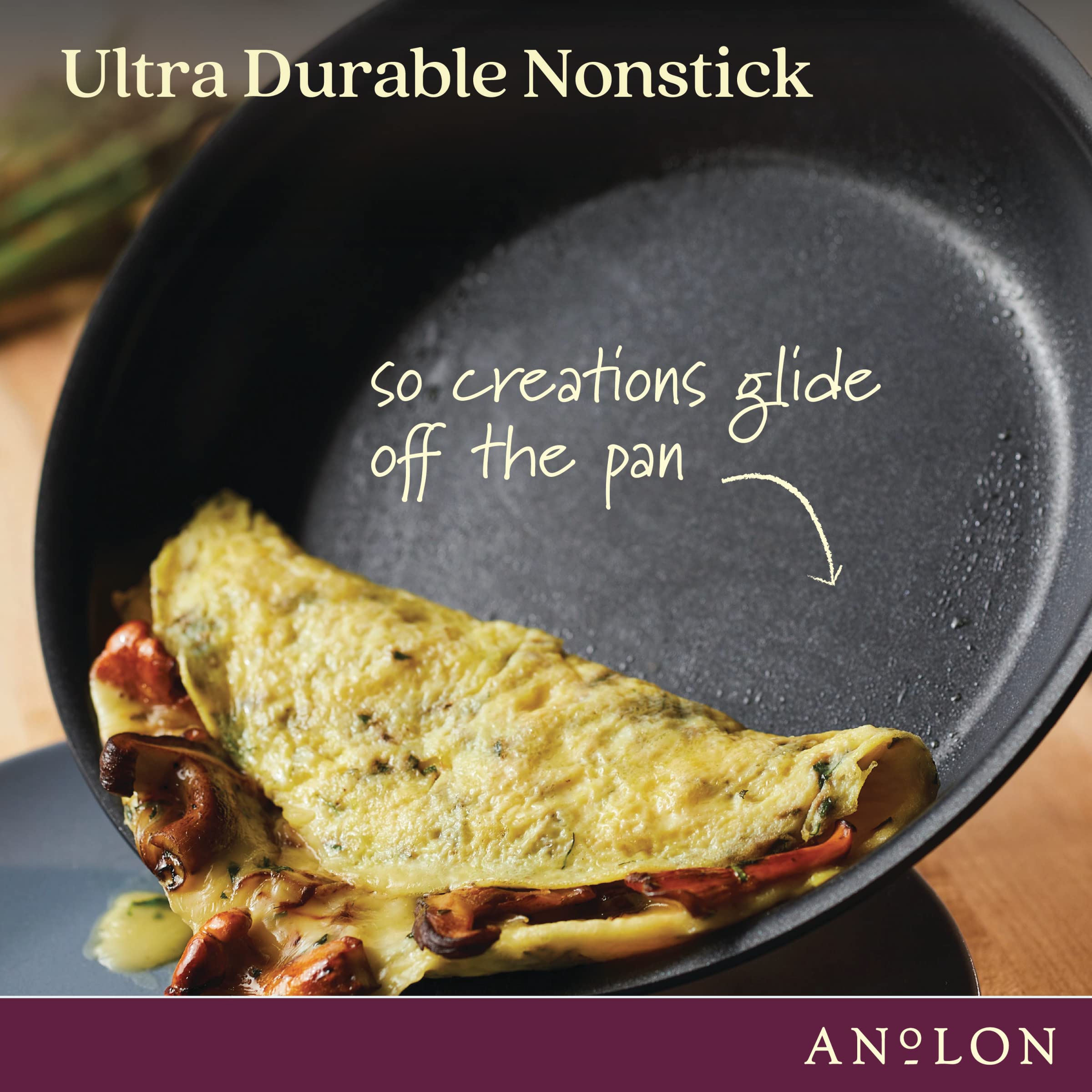 Oven-safe up to 400°F on Anolon SmartStack cookware for finishing dishes.