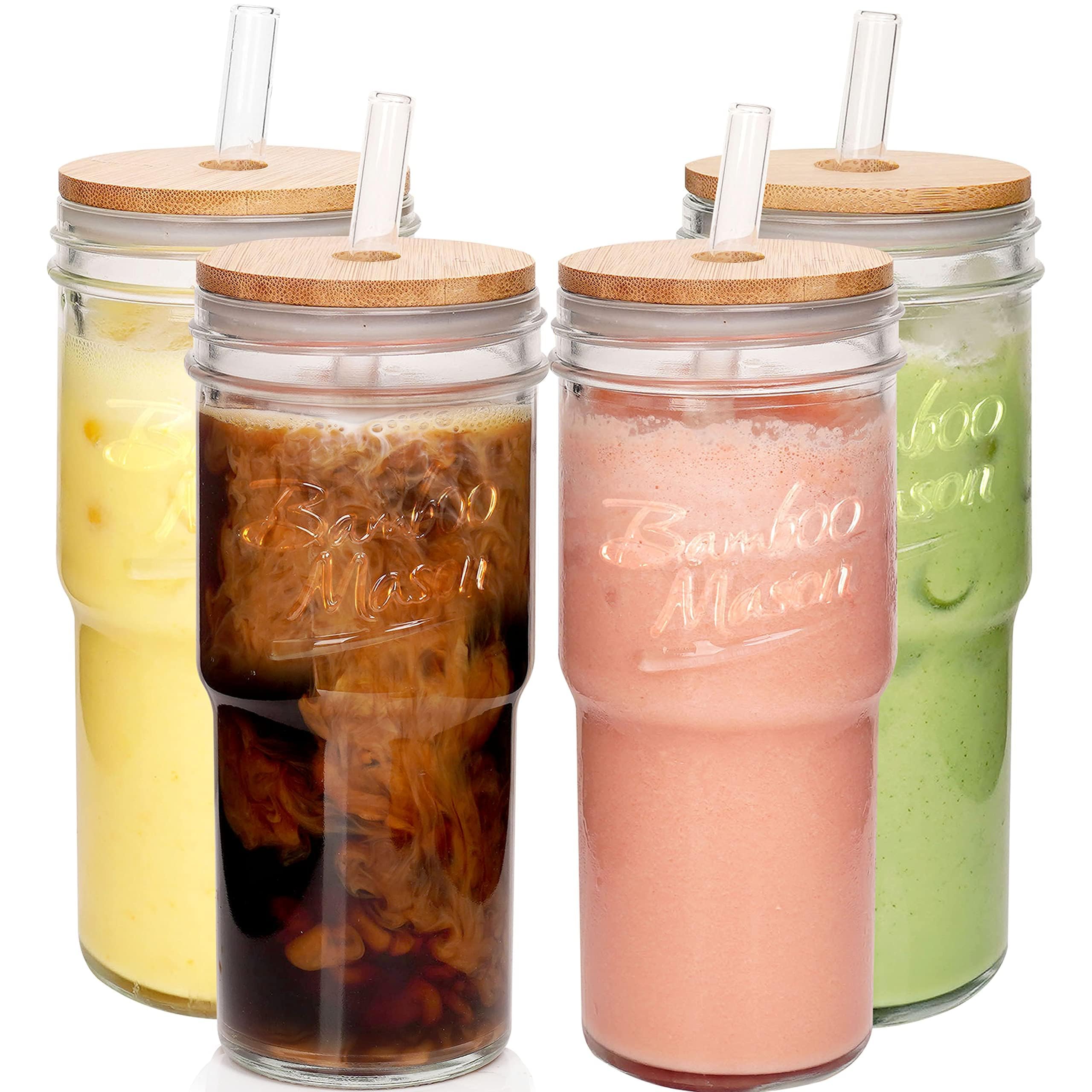 ANOTION 24oz bamboo mason jar with lids and straw for easy transport.