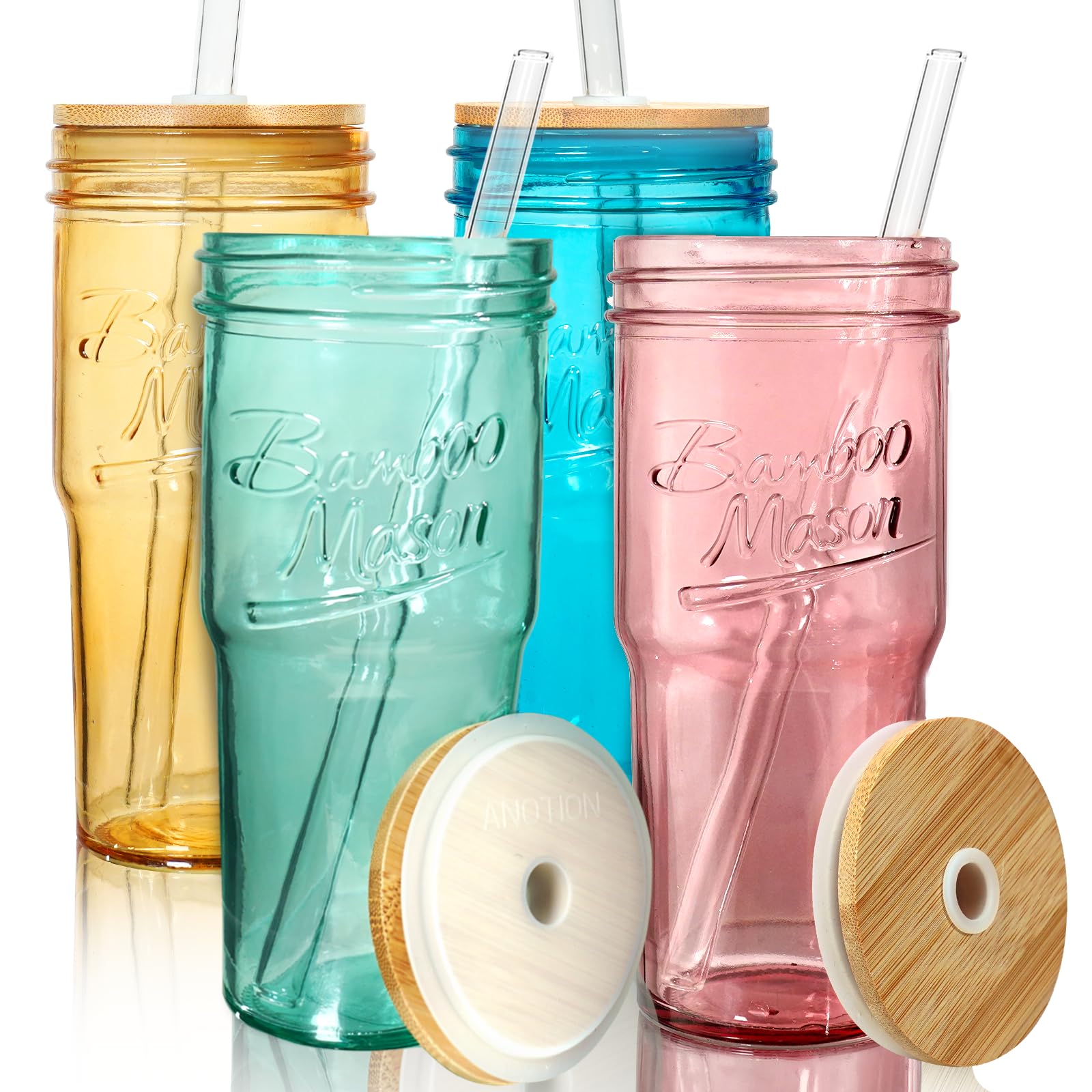 ANOTION colored mason jars with lids and straws, 24oz, vibrant drinkware for on-the-go.