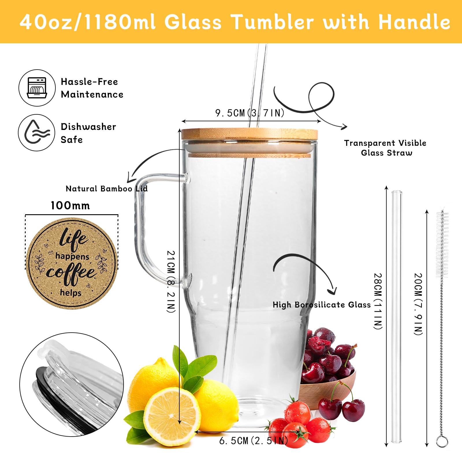 ANOTION glass cup with bamboo lid, spill-preventing for on-the-go sipping