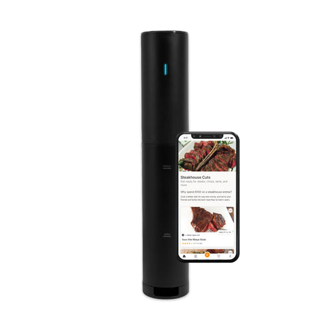 Anova Culinary Sous Vide Mini app screens displaying saved recipes and guides