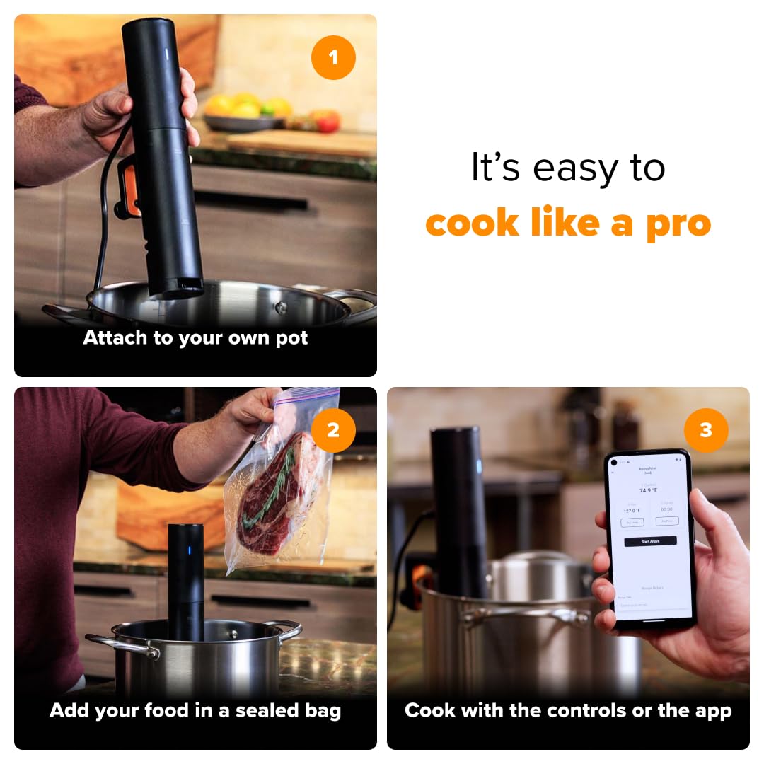 Anova Culinary Sous Vide Mini in pot demonstrating precise cooking in kitchen