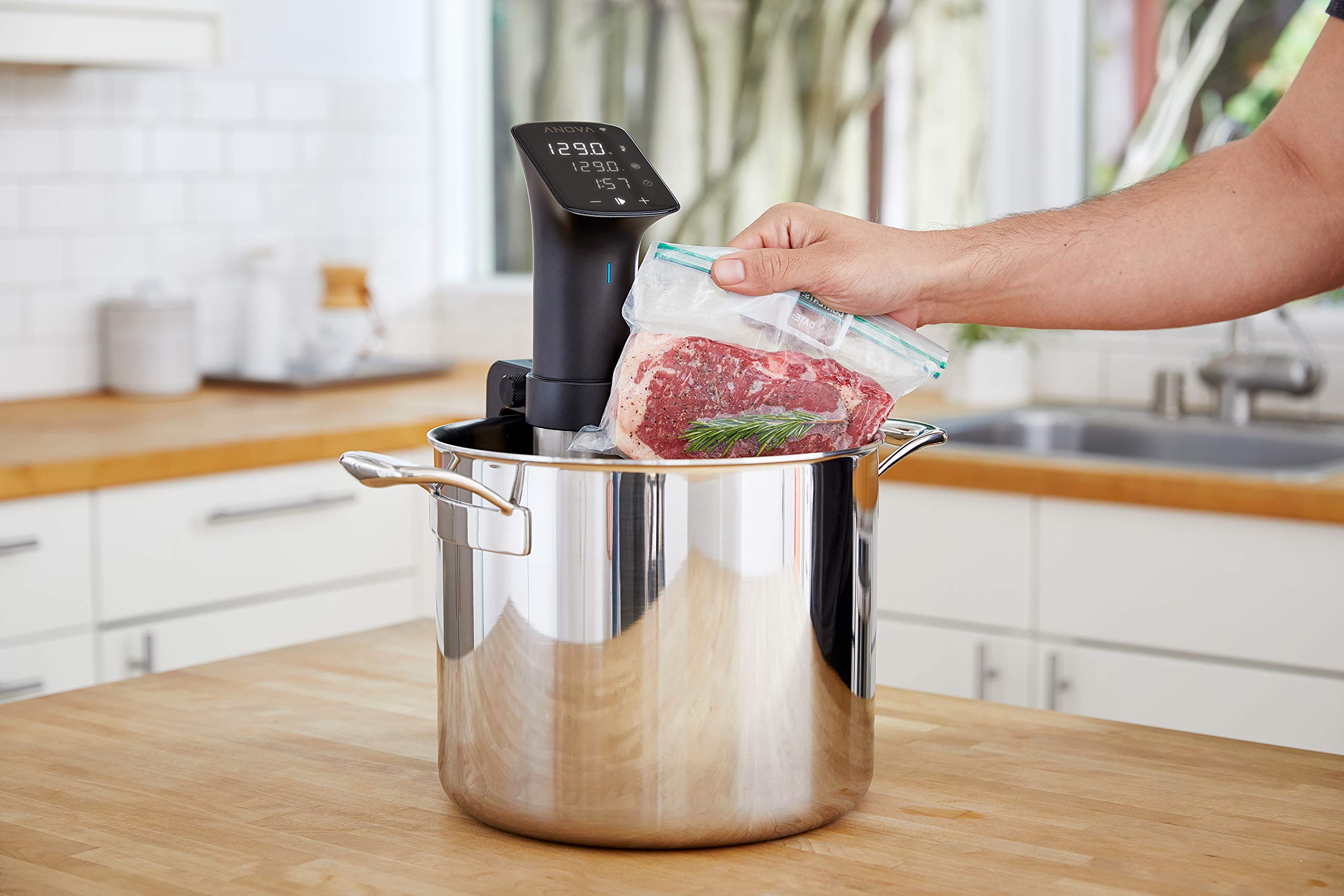 Anova Culinary Sous Vide Pro digital control panel enables precise time and temp at a glance.