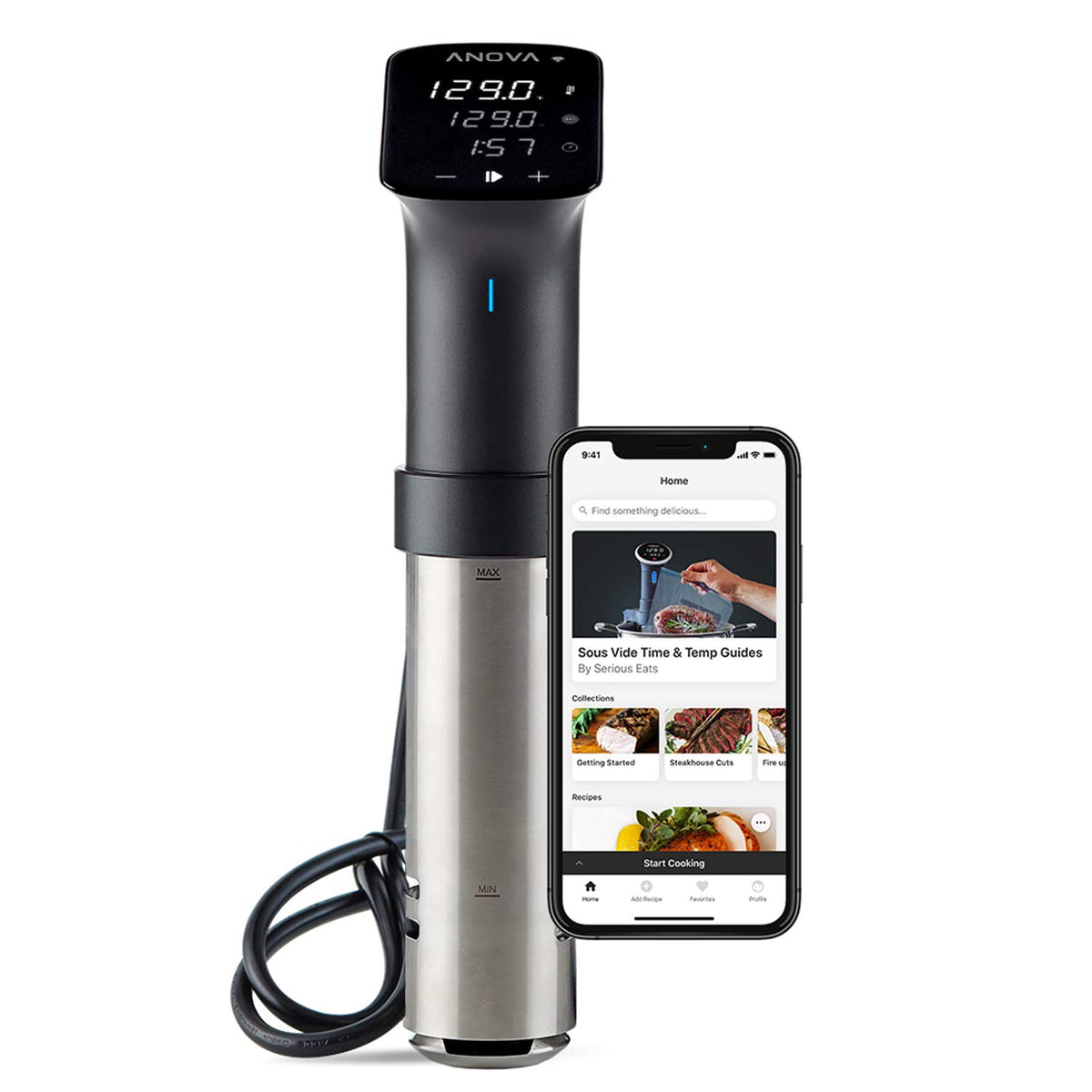 Anova Culinary Sous Vide Pro front view highlights robust stainless steel for home or pro kitchens.