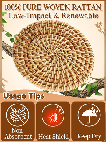 ANPHSIN handwoven rattan coaster closeup highlights craftsmanship and natural material.