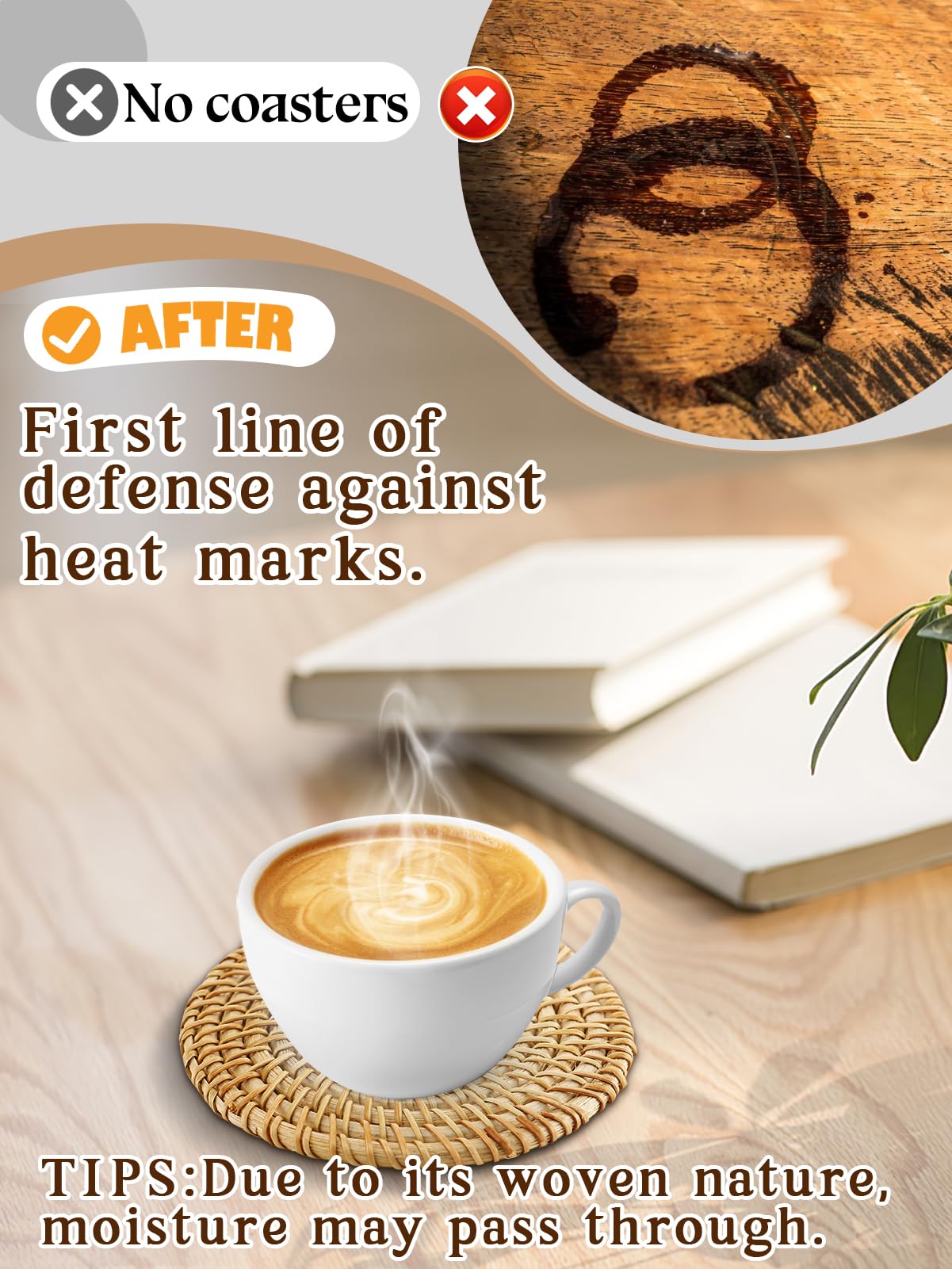 ANPHSIN heat-resistant coasters protect desks for hot drinks.