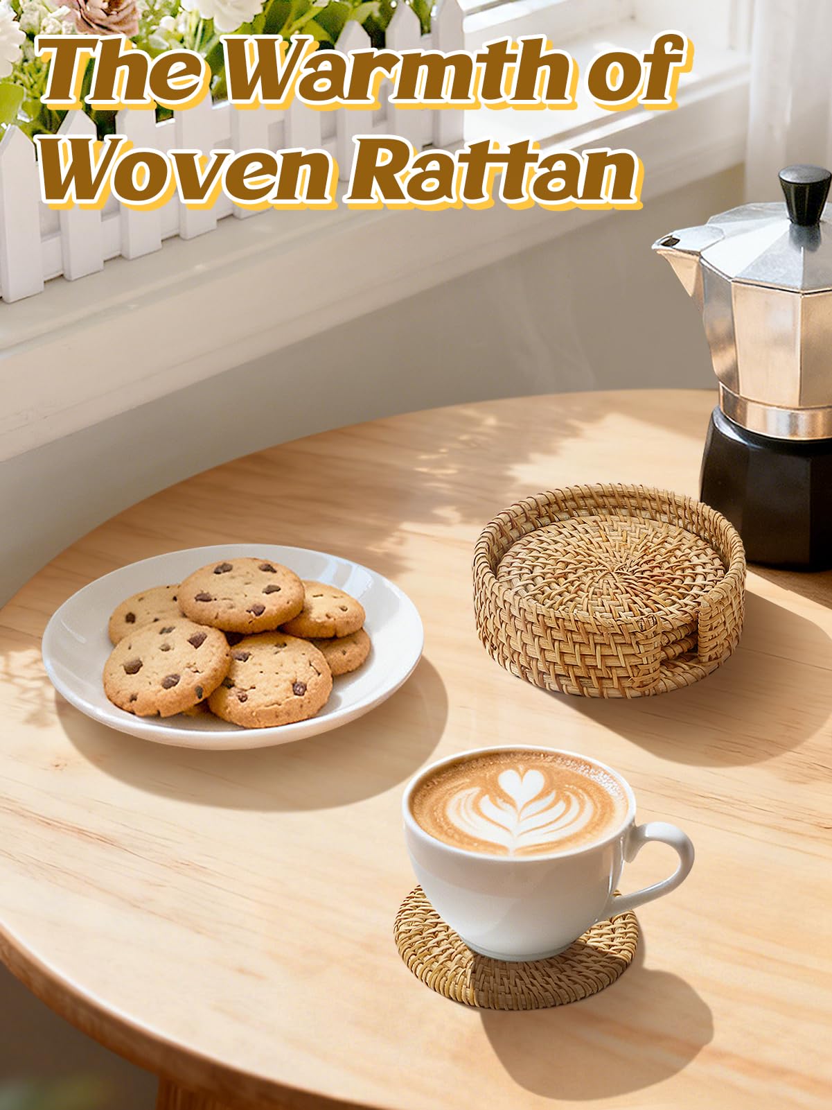 ANPHSIN holder-woven rattan keeps coasters organized and ready.