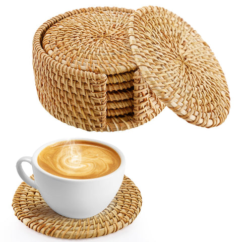 ANPHSIN coasters on wood table show natural rattan texture and heat protection.