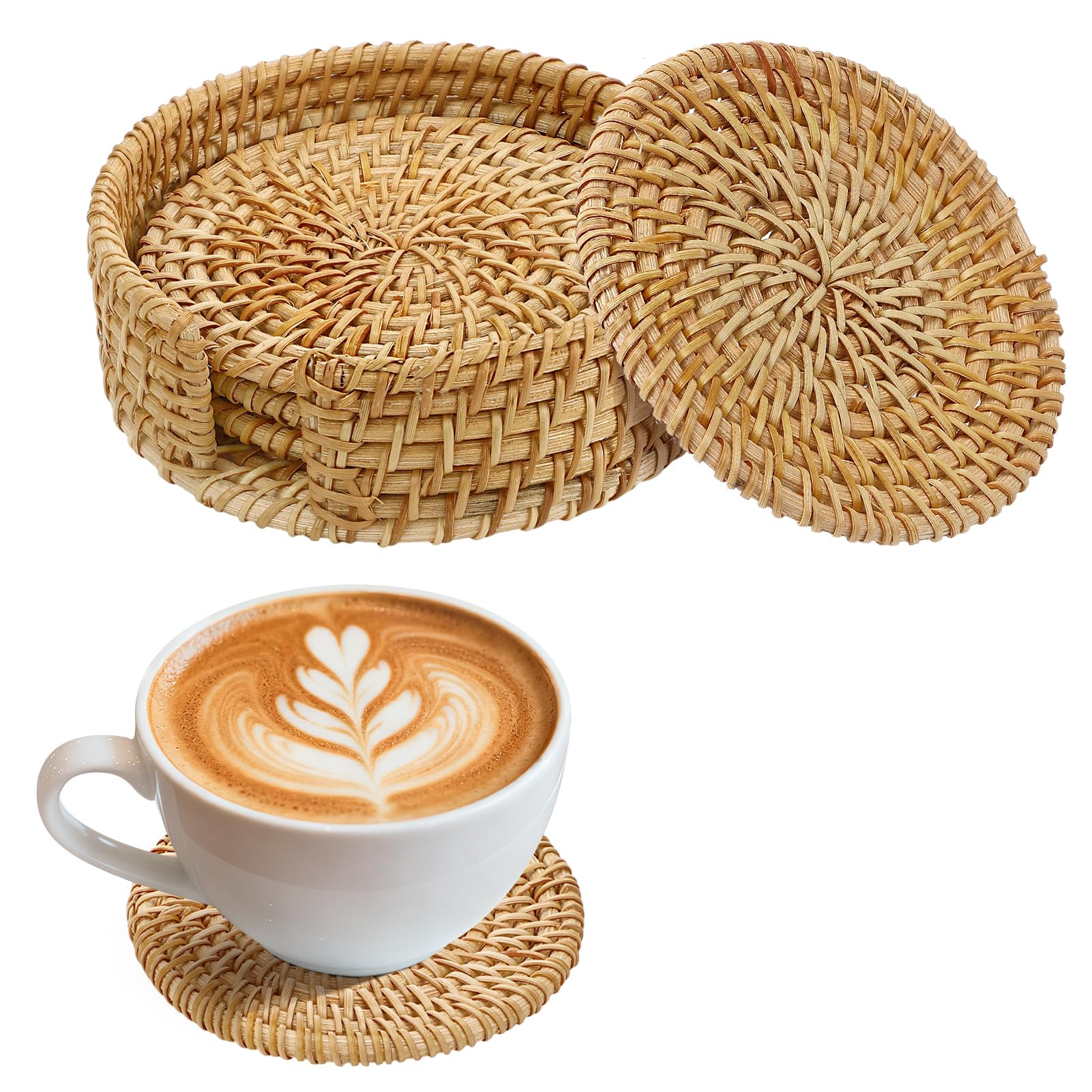ANPHSIN rattan coaster set on table for table protection and style.