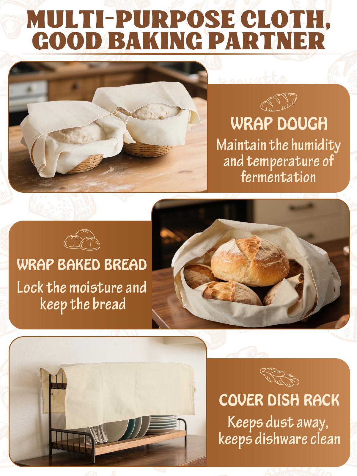 ANPHSIN large 28x28 towels provide generous space to shape baguettes and cover bowls