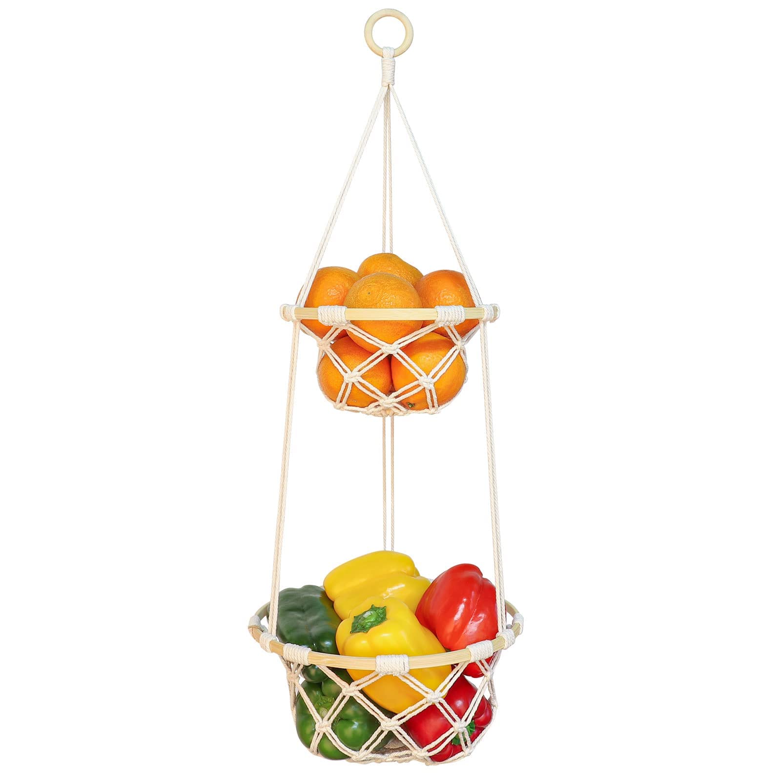 ANROYE 2-Tier Macrame Fruit Basket hanging showcases boho storage for fresh produce.