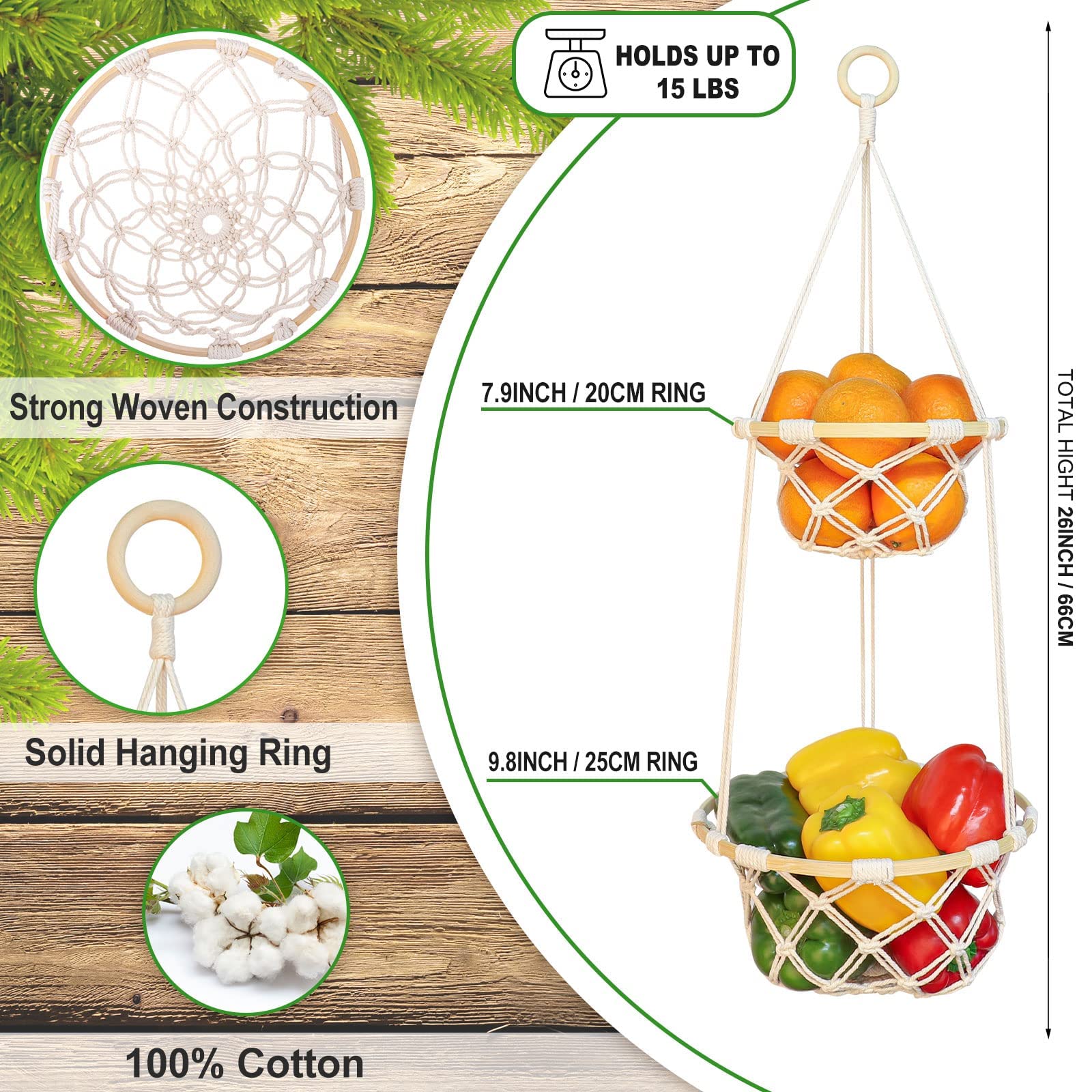 ANROYE Boho kitchen macrame basket used for fruit and veggie organization.