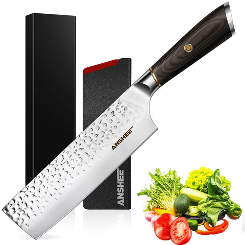 Anshee 7 inch Nakiri blade with hammered texture for smooth vegetable prep